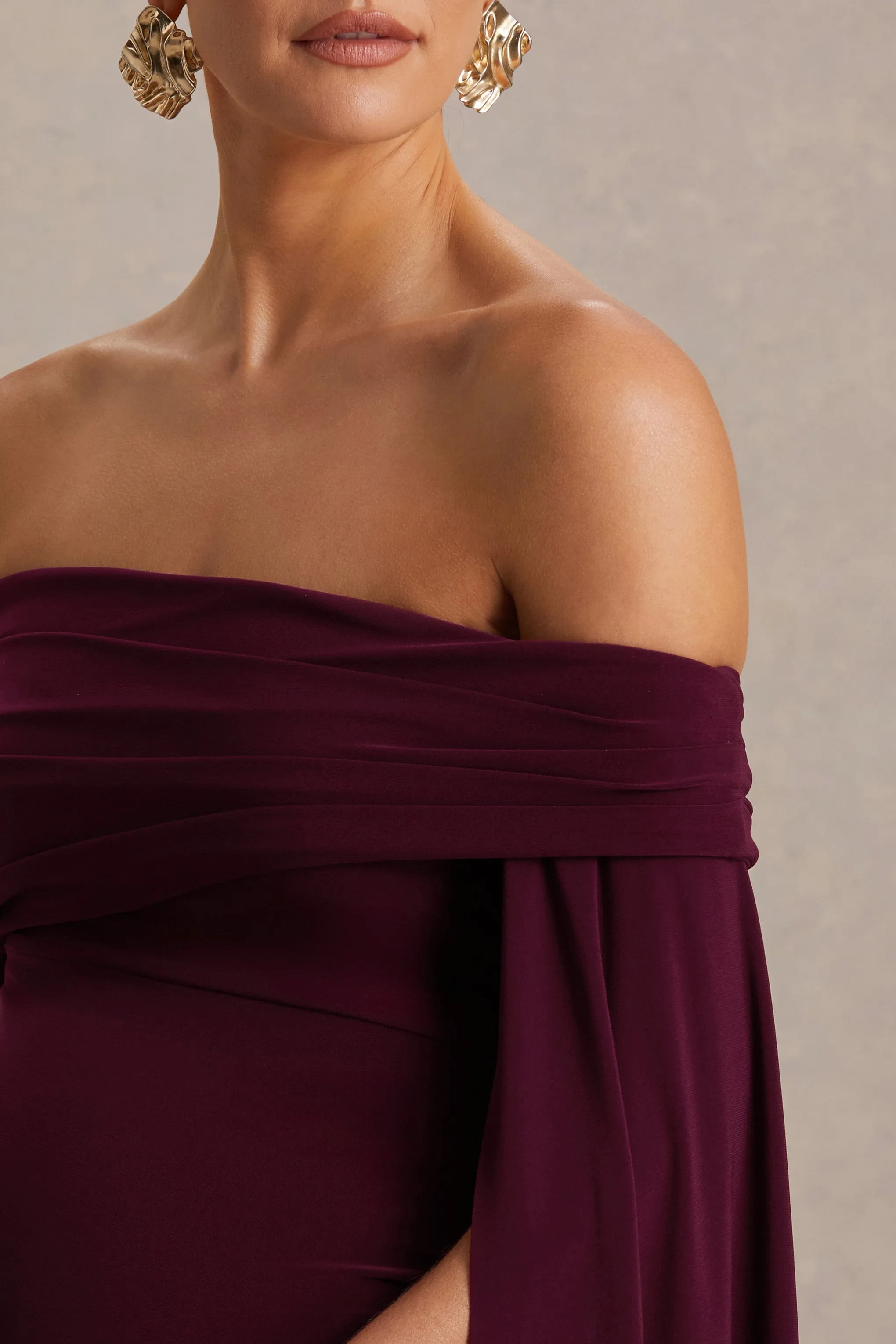 Aquila | Burgundy Bardot Maternity Maxi Dress With Draped Detail sold by Club L London product image thumbnail 3