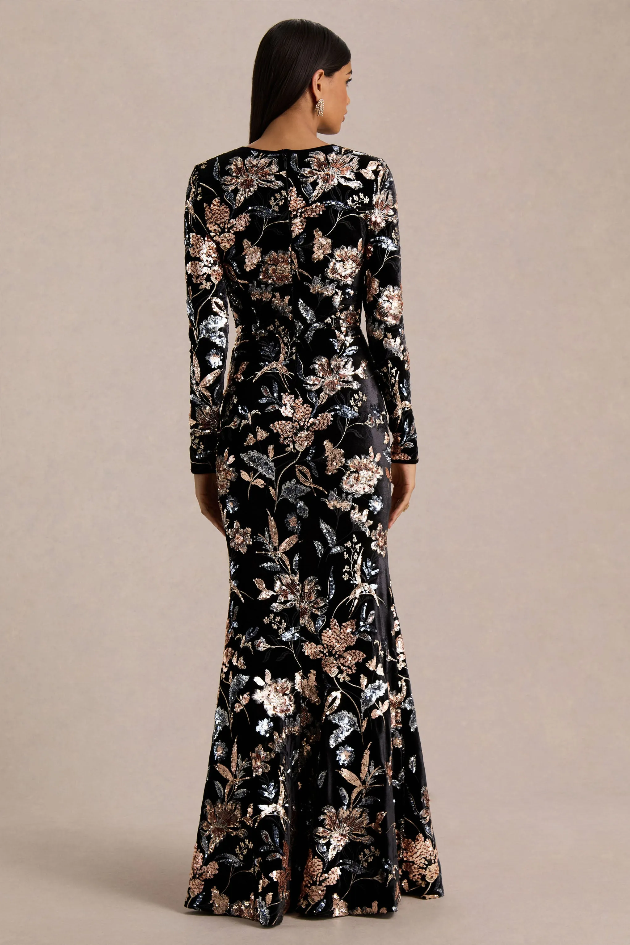 Lyric | Black Floral Velvet And Sequin Embellished Crew-Neck Maxi Dress sold by Club L London product image thumbnail 2