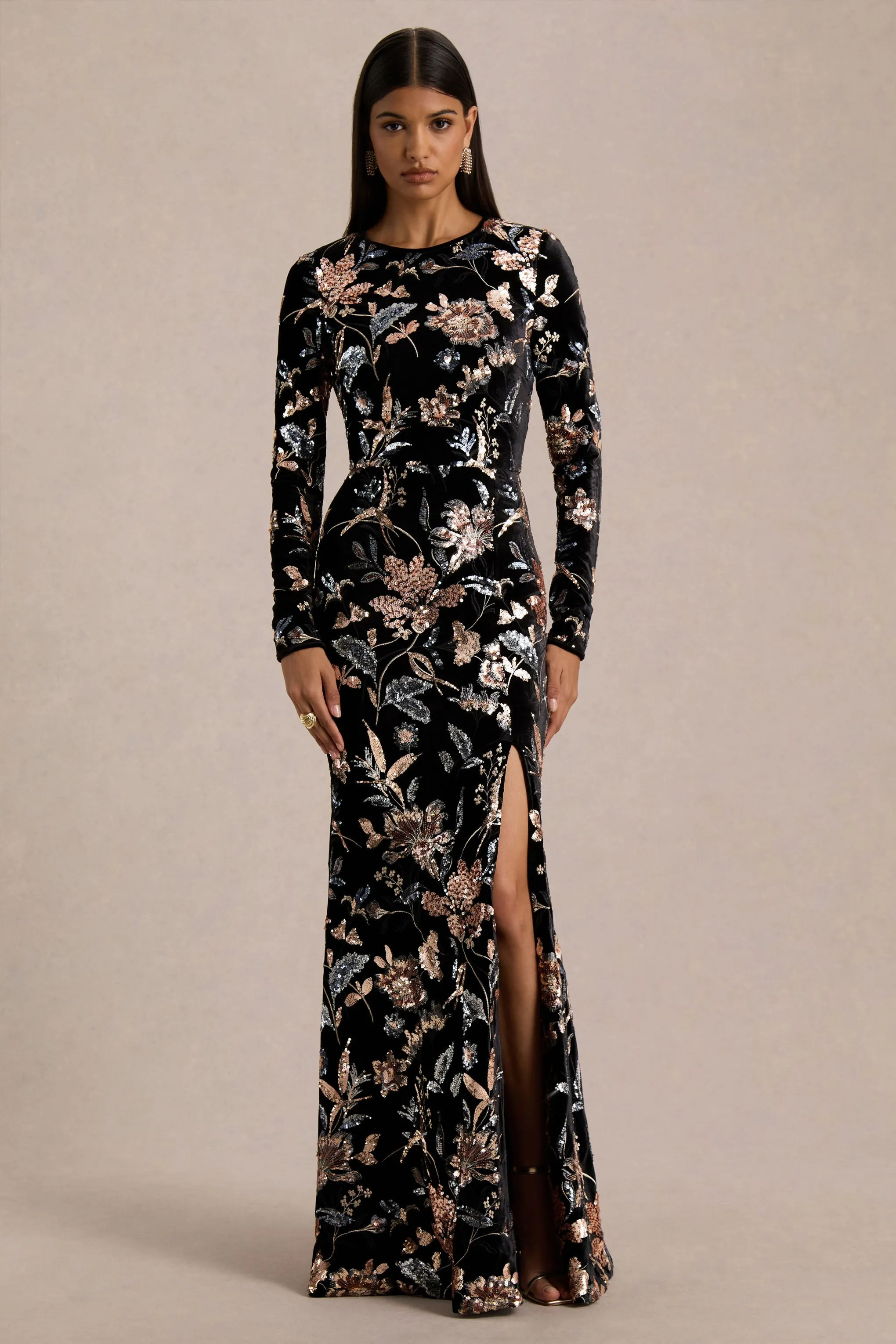 Lyric | Black Floral Velvet And Sequin Embellished Crew-Neck Maxi Dress sold by Club L London product image thumbnail 4