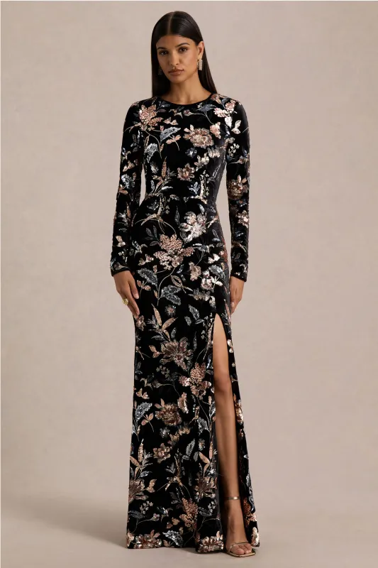 Lyric | Black Floral Velvet And Sequin Embellished Crew-Neck Maxi Dress sold by Club L London