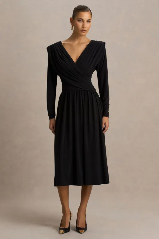 Alexis | Black Plunge-Neck Midi Dress With Draped And Ruched Detailing sold by Club L London
