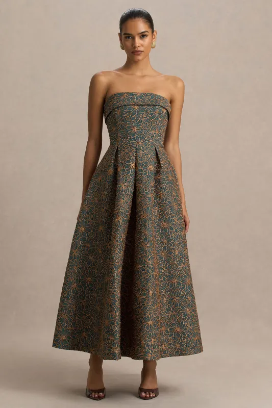 Loretta | Dark Green And Rust Embroidered Bandeau Midi Dress sold by Club L London