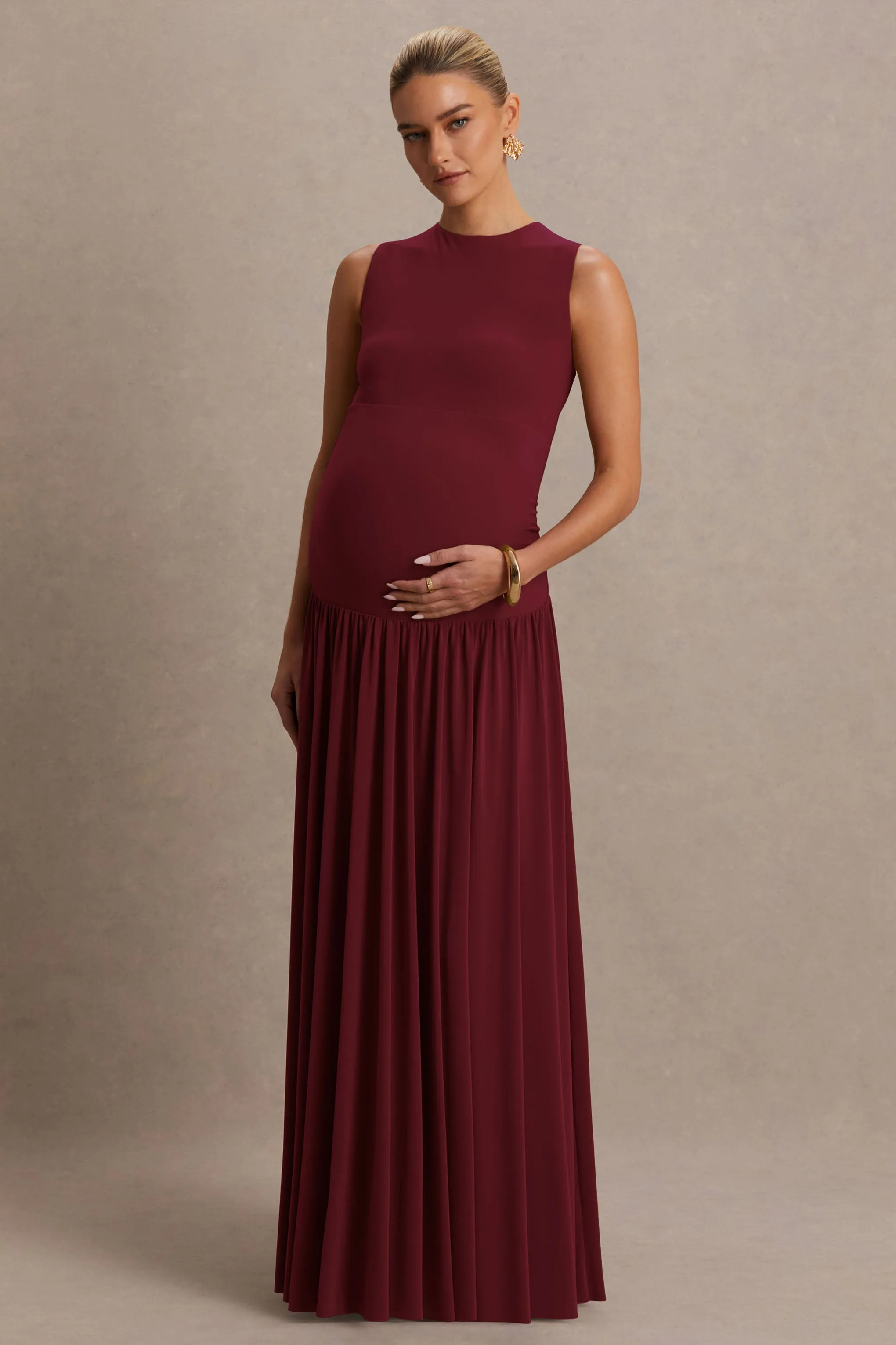 Outline | Burgundy Crew-Neck Maternity Maxi Dress With Pleated Skirt sold by Club L London product image thumbnail 5