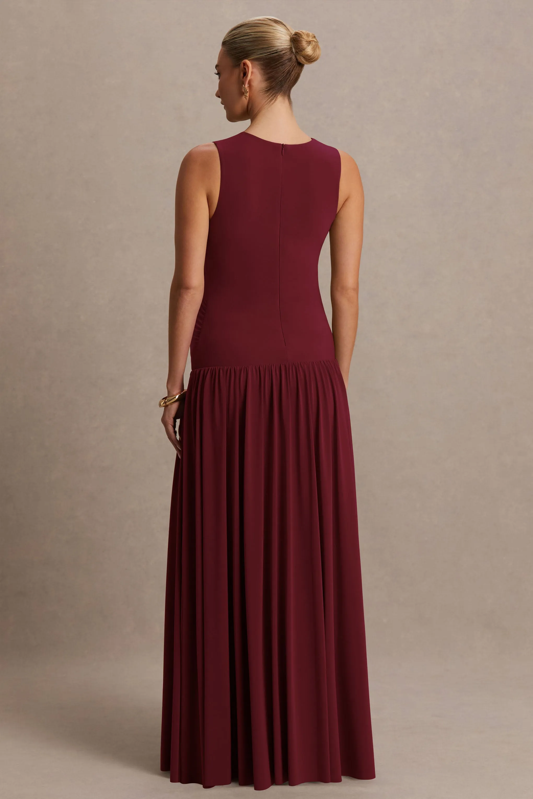 Outline | Burgundy Crew-Neck Maternity Maxi Dress With Pleated Skirt sold by Club L London product image thumbnail 2