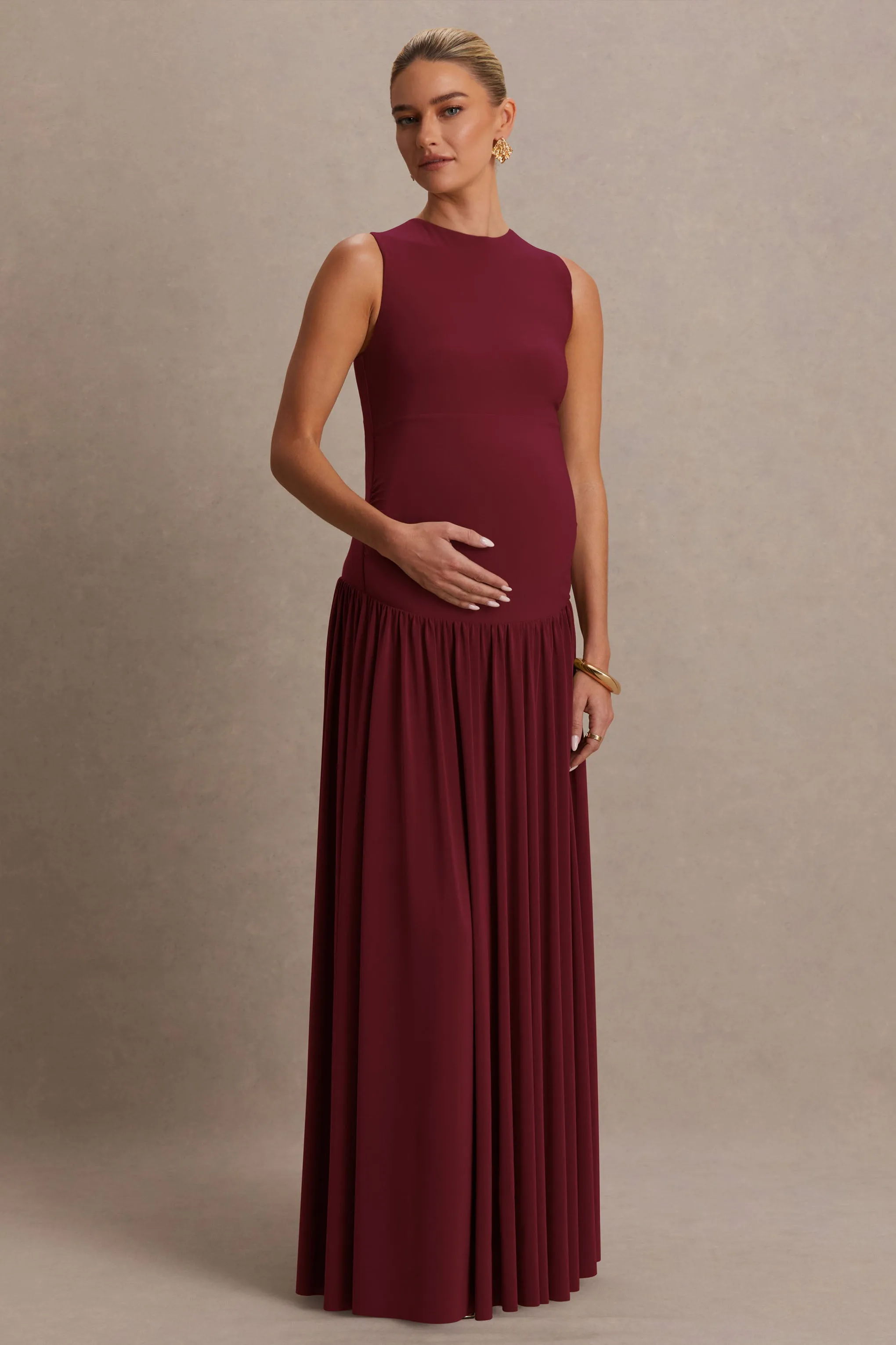 Outline | Burgundy Crew-Neck Maternity Maxi Dress With Pleated Skirt sold by Club L London product image thumbnail 4