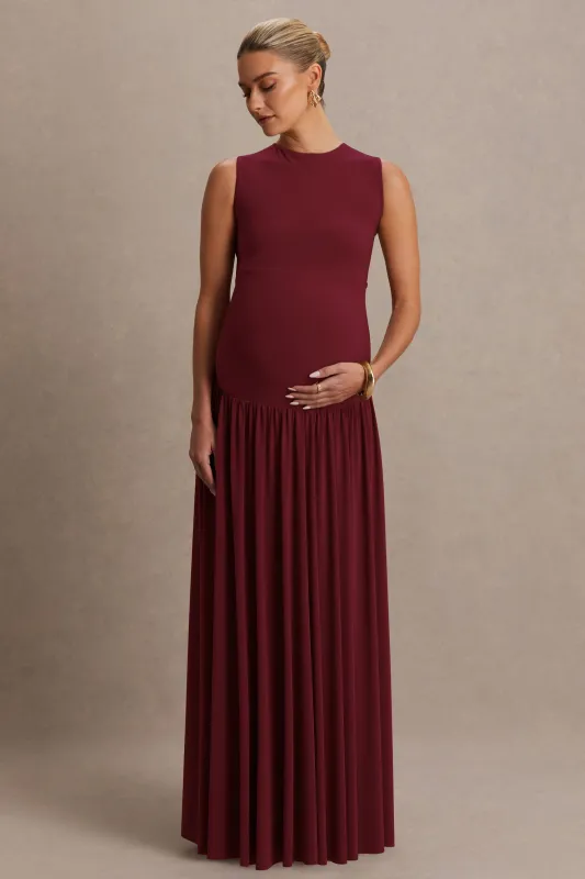 Outline | Burgundy Crew-Neck Maternity Maxi Dress With Pleated Skirt sold by Club L London
