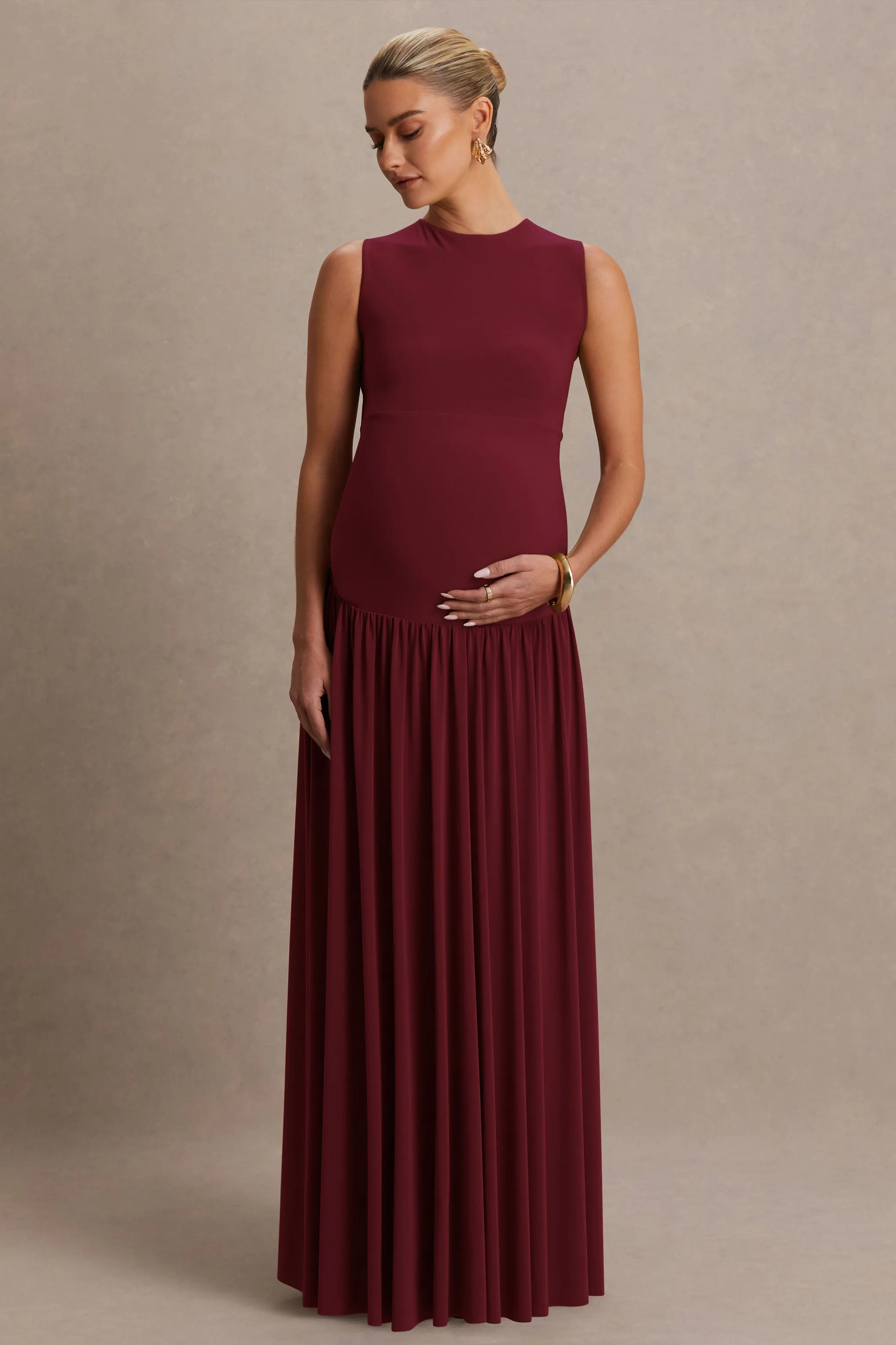 Outline | Burgundy Crew-Neck Maternity Maxi Dress With Pleated Skirt sold by Club L London