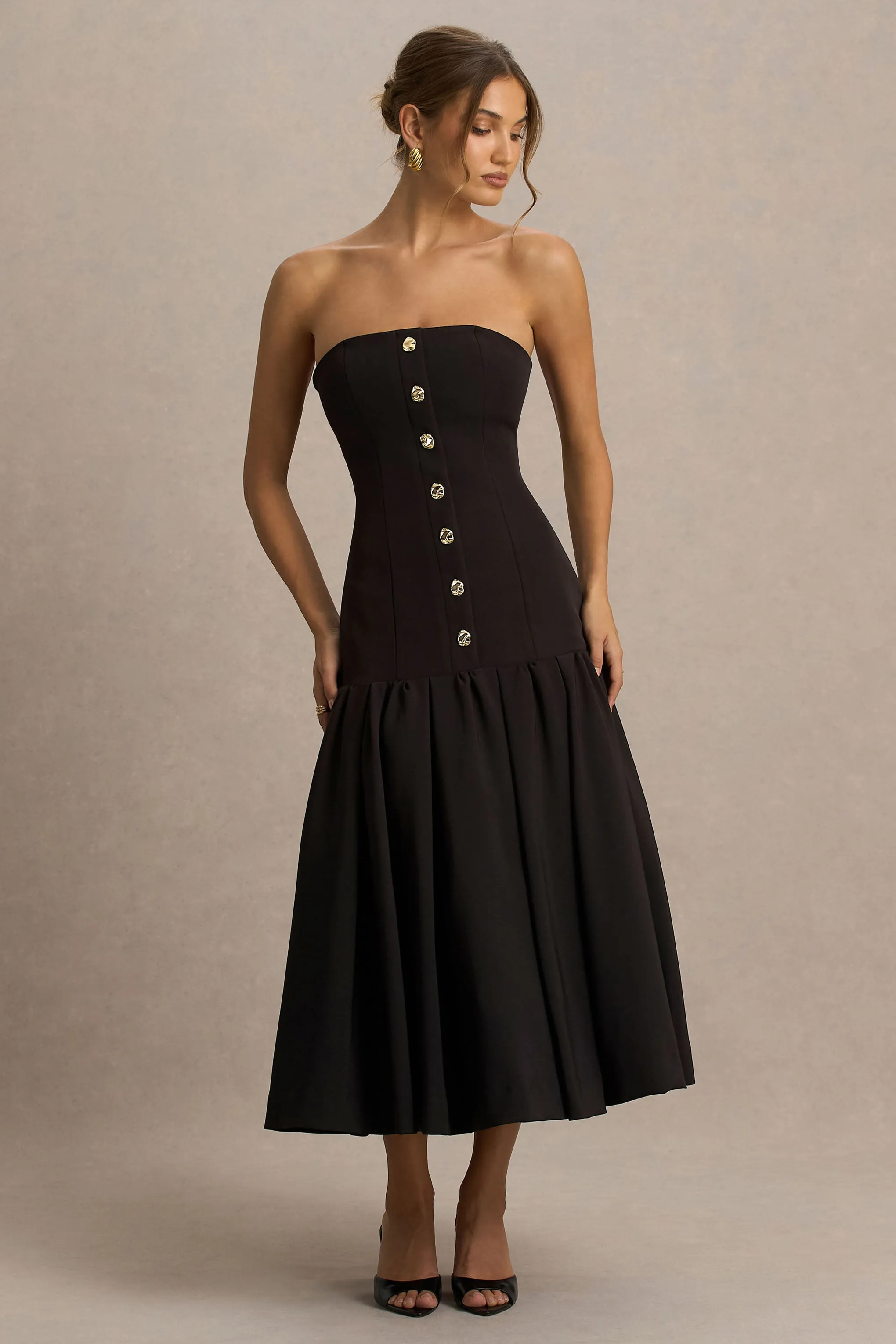 Briella | Black Bandeau Midi Dress With Gold-Button Detailing sold by Club L London product image thumbnail 4