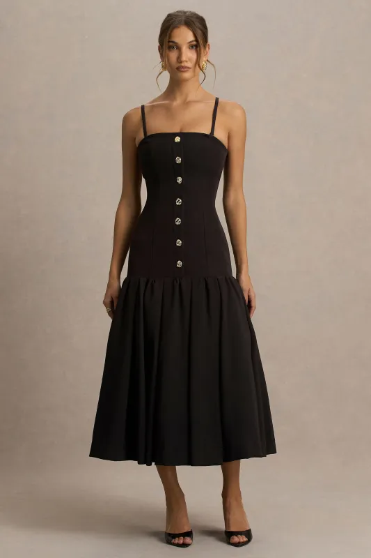 Briella | Black Bandeau Midi Dress With Gold-Button Detailing sold by Club L London