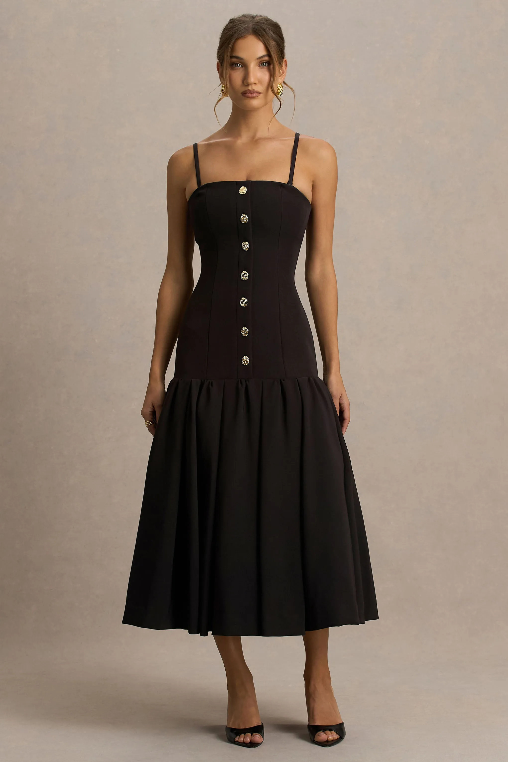 Briella | Black Bandeau Midi Dress With Gold-Button Detailing sold by Club L London