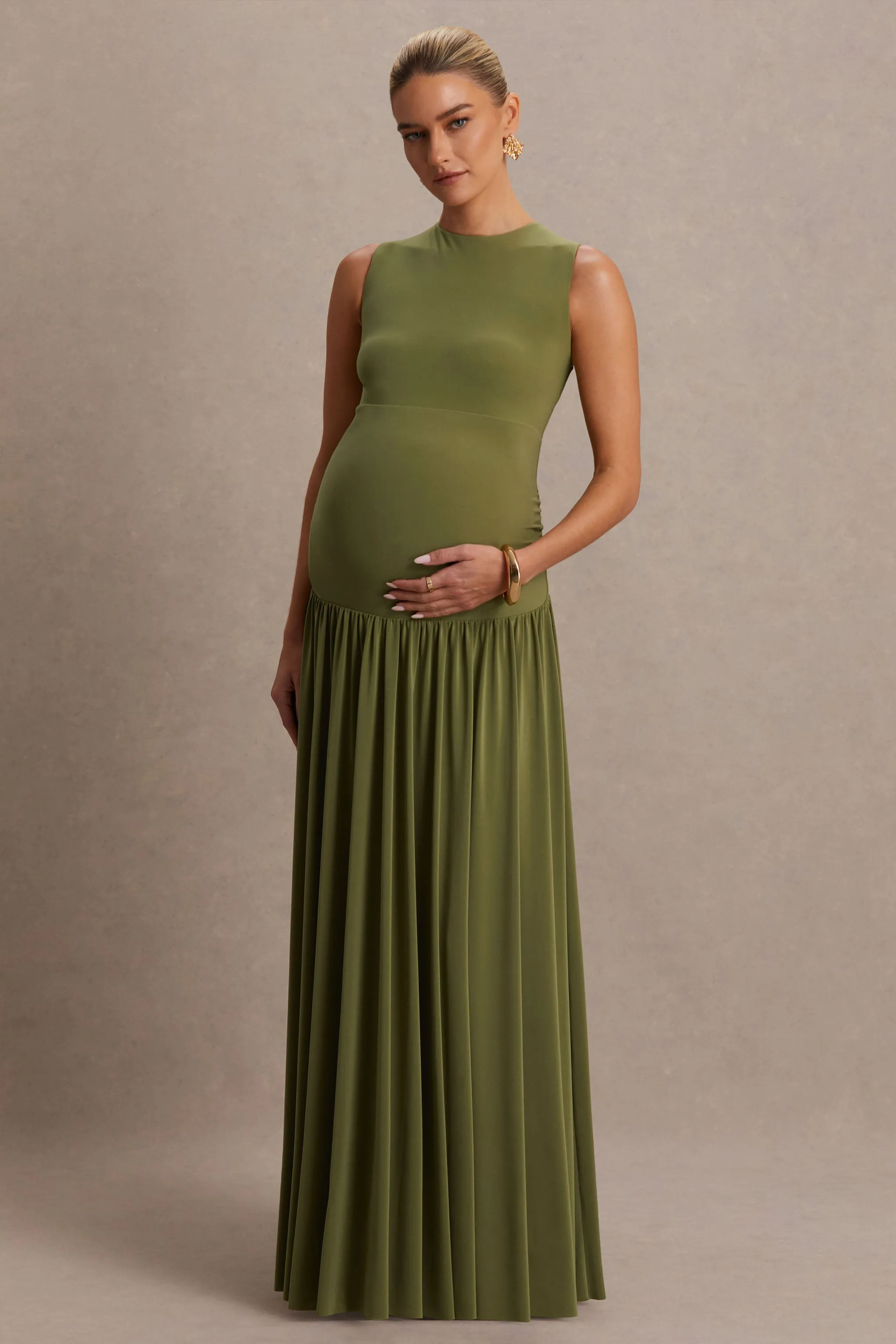 Outline | Olive Crew-Neck Maternity Maxi Dress With Pleated Skirt sold by Club L London product image thumbnail 4