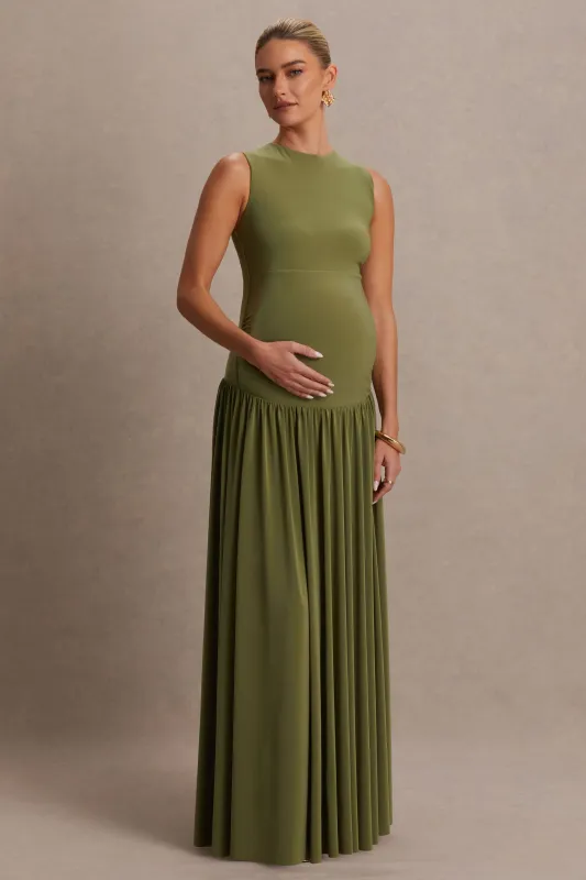 Outline | Olive Crew-Neck Maternity Maxi Dress With Pleated Skirt sold by Club L London
