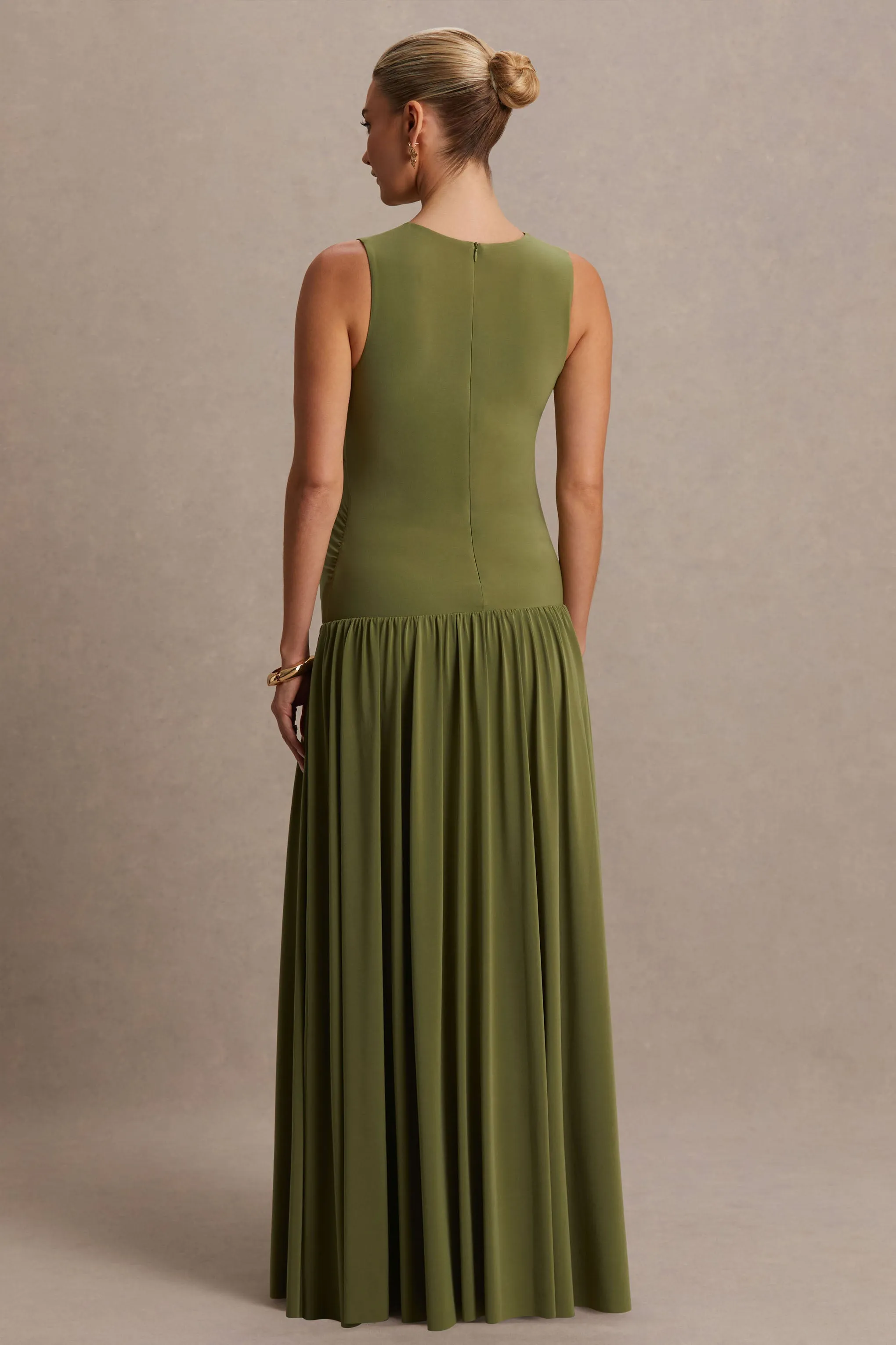 Outline | Olive Crew-Neck Maternity Maxi Dress With Pleated Skirt sold by Club L London product image thumbnail 2