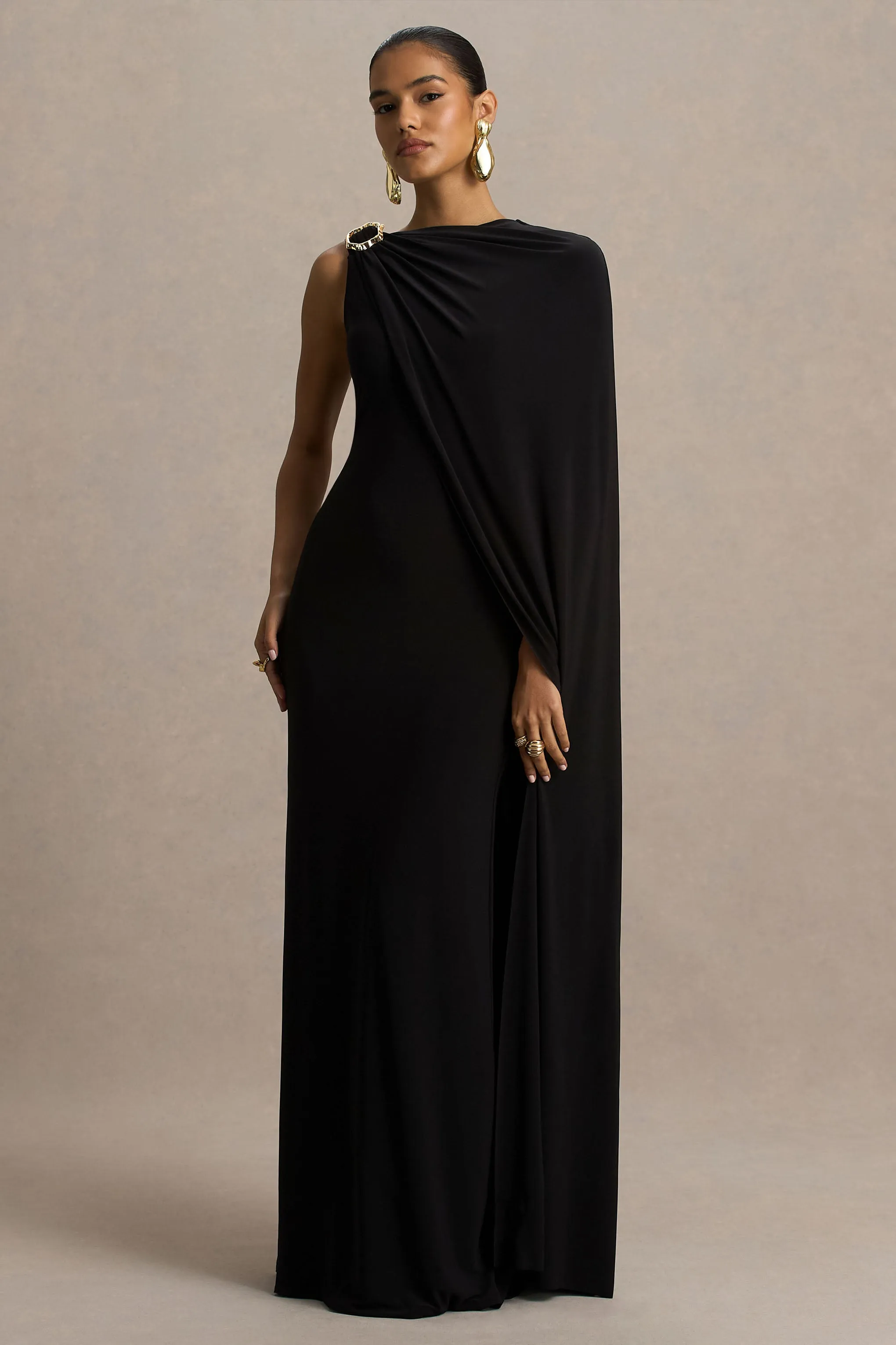 Cressida | Black Asymmetric-Neck Maxi Dress With Cape And Gold Detail sold by Club L London product image thumbnail 4