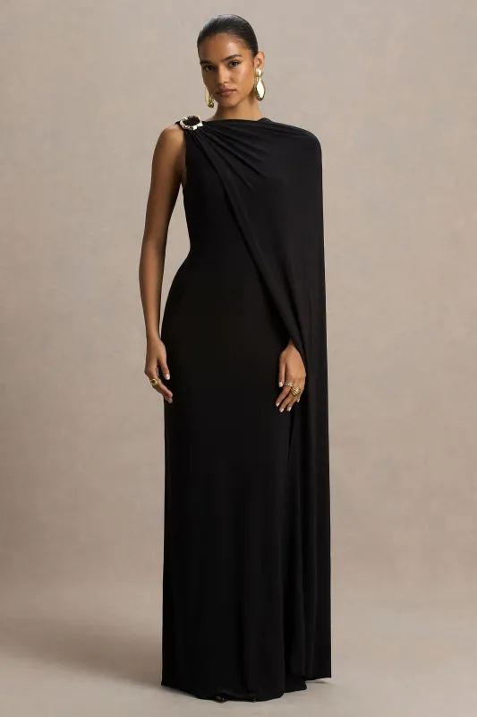 Cressida | Black Asymmetric-Neck Maxi Dress With Cape And Gold Detail sold by Club L London