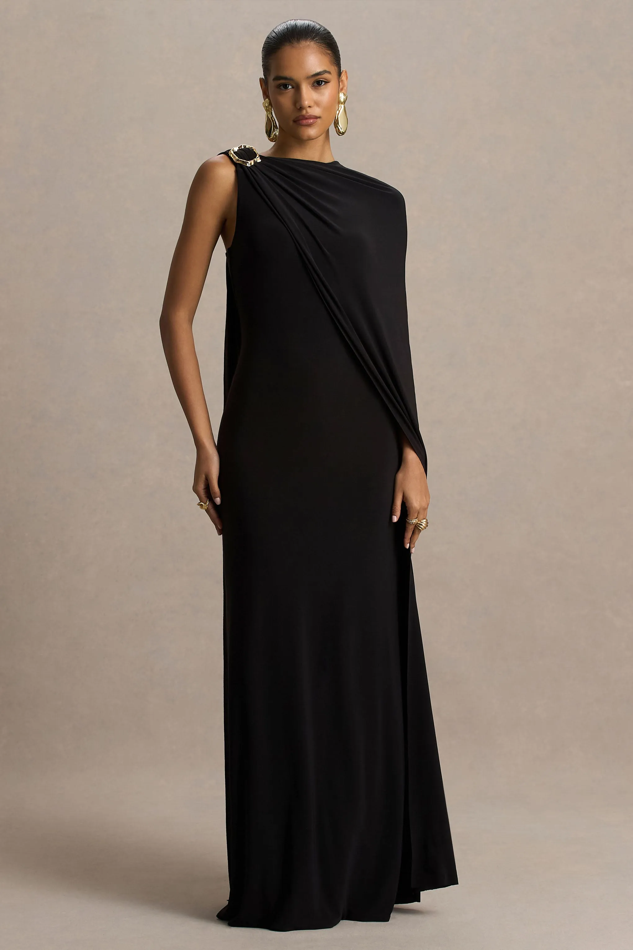 Cressida | Black Asymmetric-Neck Maxi Dress With Cape And Gold Detail sold by Club L London product image thumbnail 5