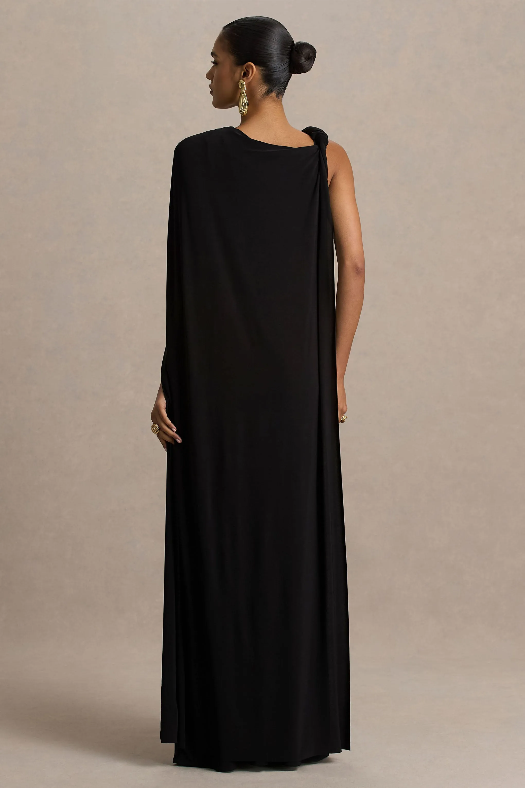 Cressida | Black Asymmetric-Neck Maxi Dress With Cape And Gold Detail sold by Club L London product image thumbnail 2