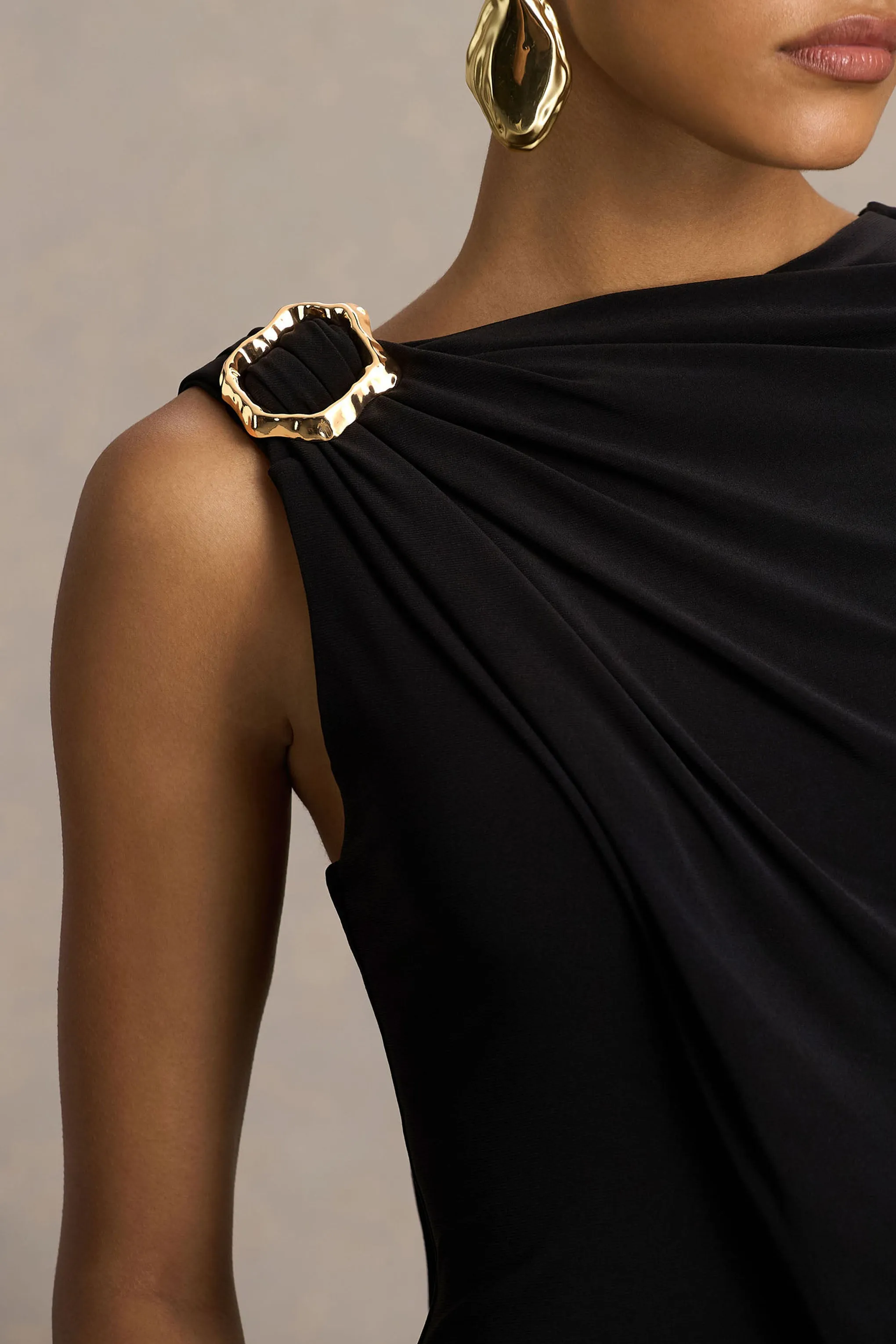Cressida | Black Asymmetric-Neck Maxi Dress With Cape And Gold Detail sold by Club L London product image thumbnail 3