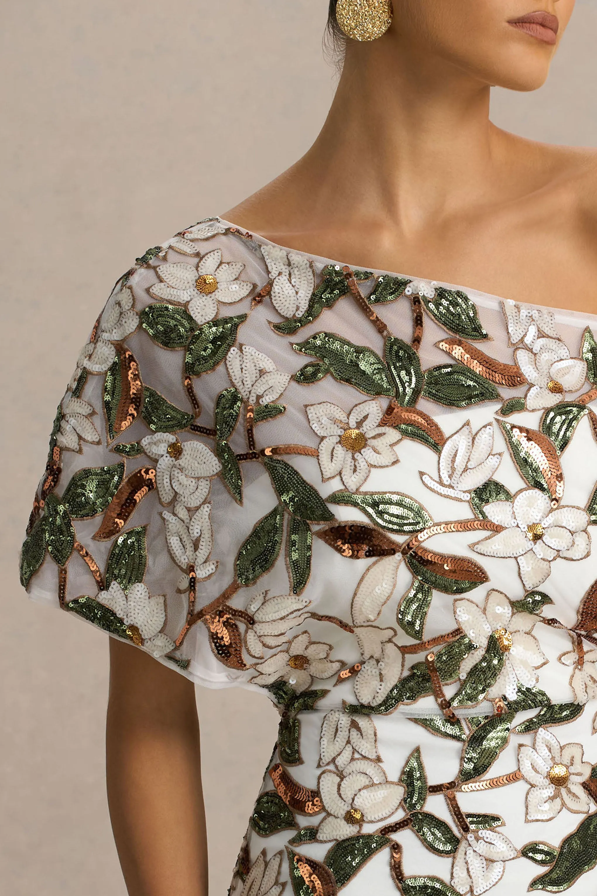 Iony | White And Green Embellished Sequin Floral And Mesh Asymmetric-Neck Maxi Dress sold by Club L London product image thumbnail 3