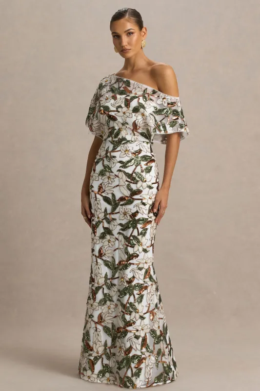 Iony | White And Green Embellished Sequin Floral And Mesh Asymmetric-Neck Maxi Dress sold by Club L London