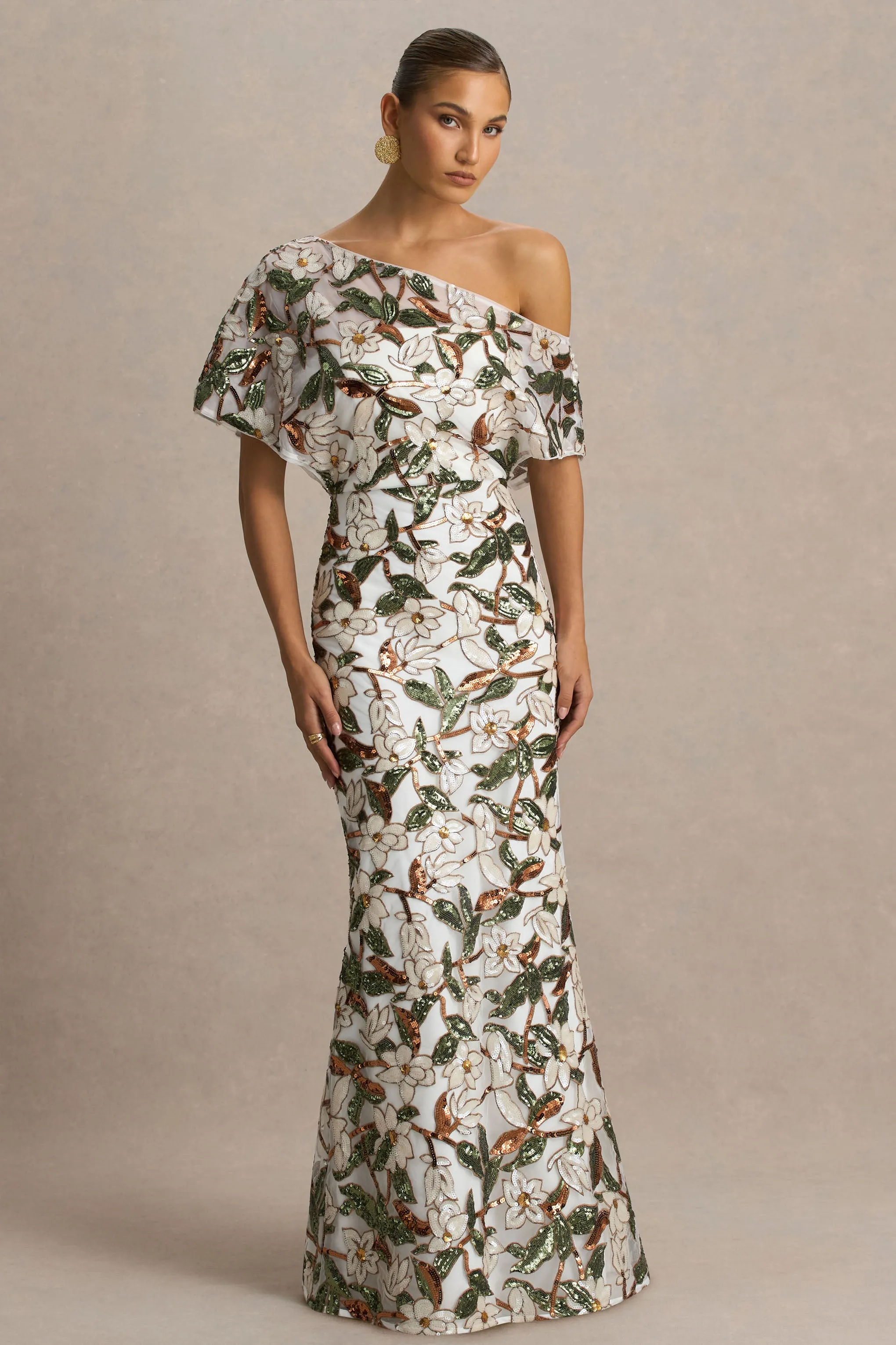 Iony | White And Green Embellished Sequin Floral And Mesh Asymmetric-Neck Maxi Dress sold by Club L London product image thumbnail 4