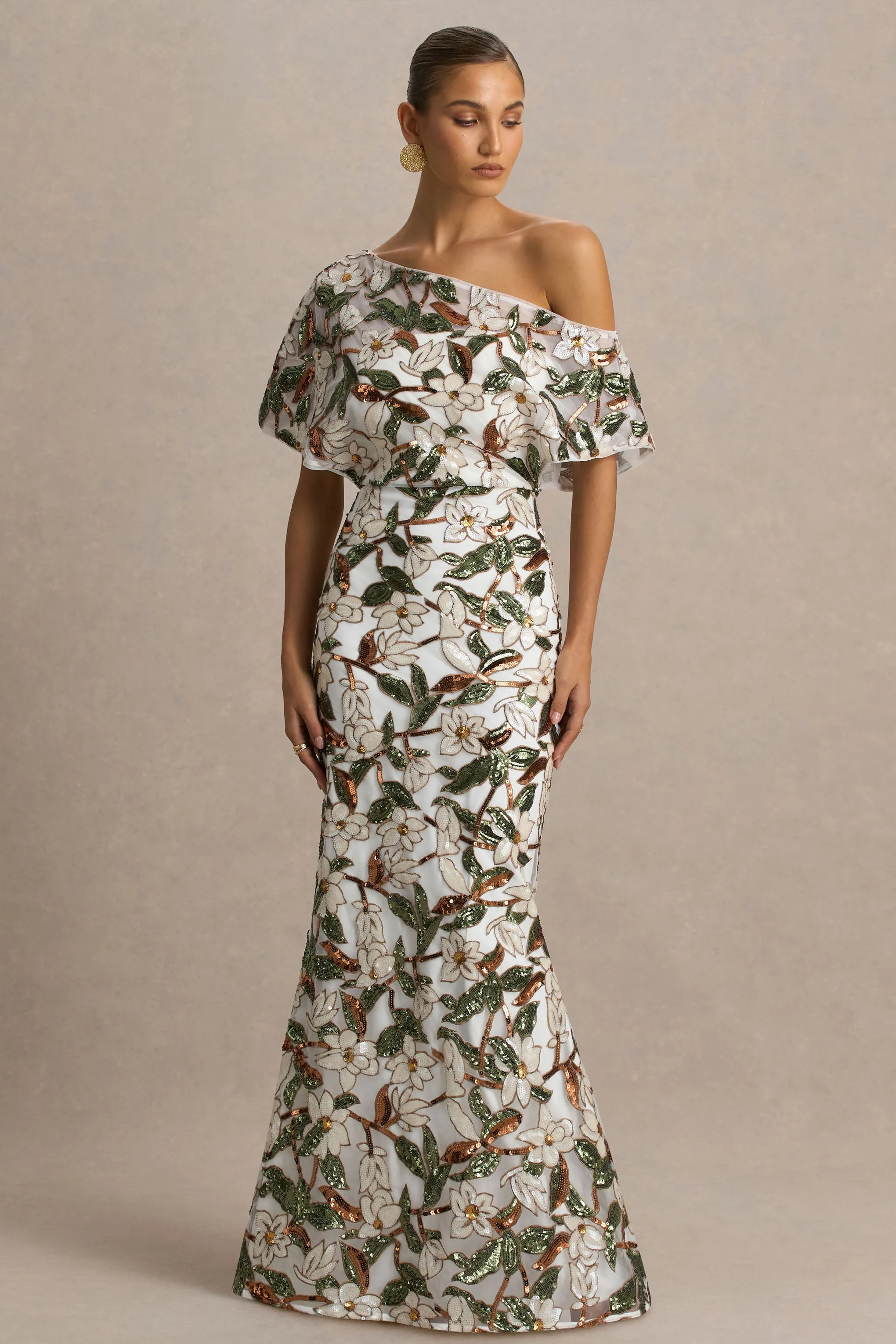Iony | White And Green Embellished Sequin Floral And Mesh Asymmetric-Neck Maxi Dress sold by Club L London product image thumbnail 5