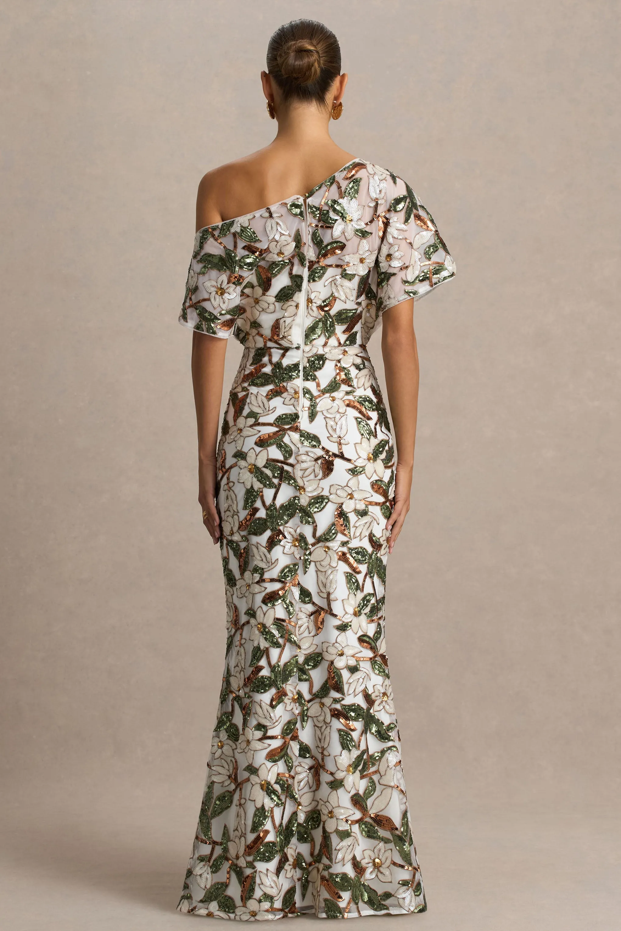 Iony | White And Green Embellished Sequin Floral And Mesh Asymmetric-Neck Maxi Dress sold by Club L London product image thumbnail 2