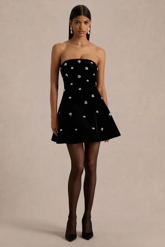 Tessa | Black Hand-Embellished Velvet Bandeau Mini Dress sold by Club L London