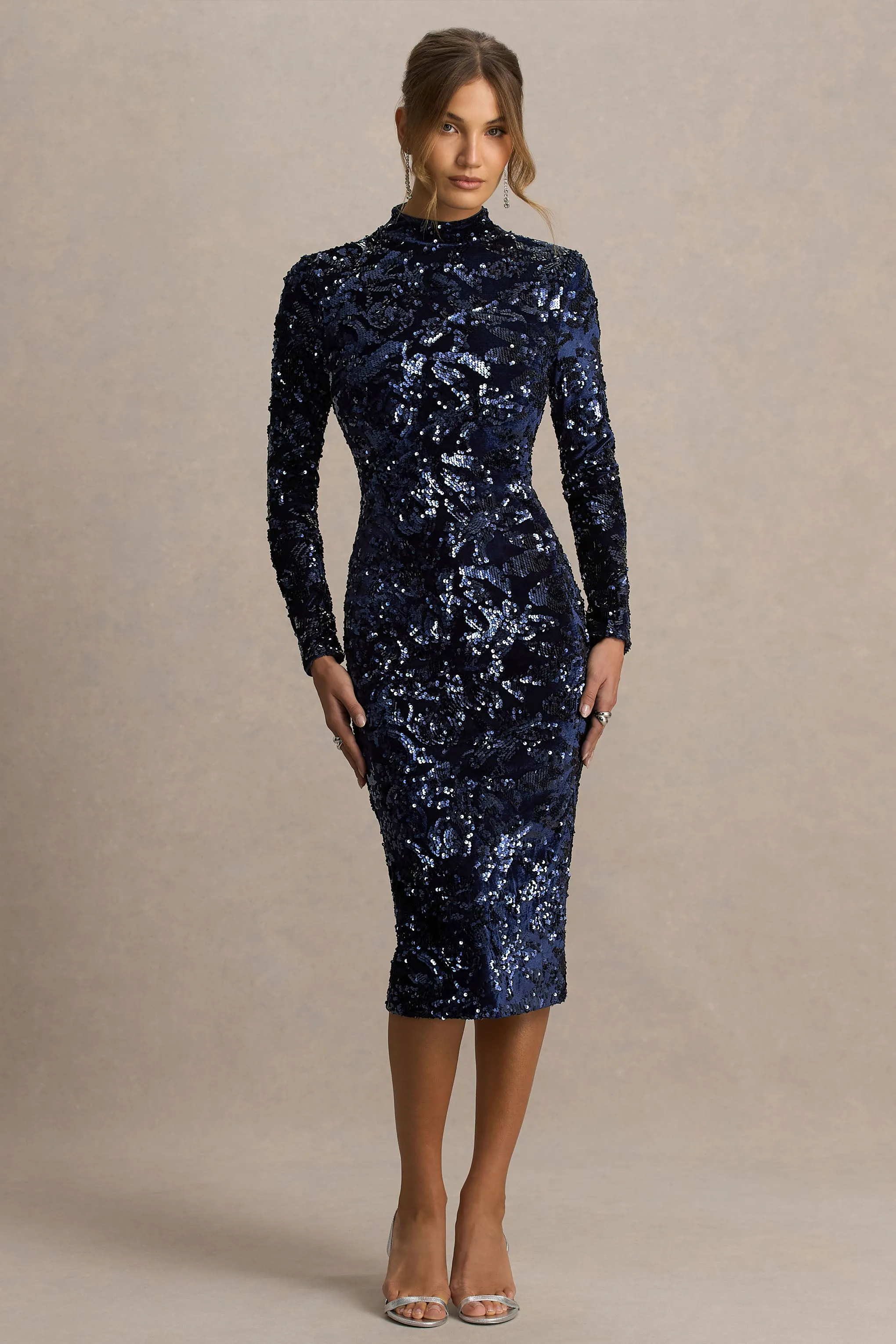 Alanita | Navy Velvet And Sequin Embellished High-Neck Midi Dress With Long Sleeves sold by Club L London