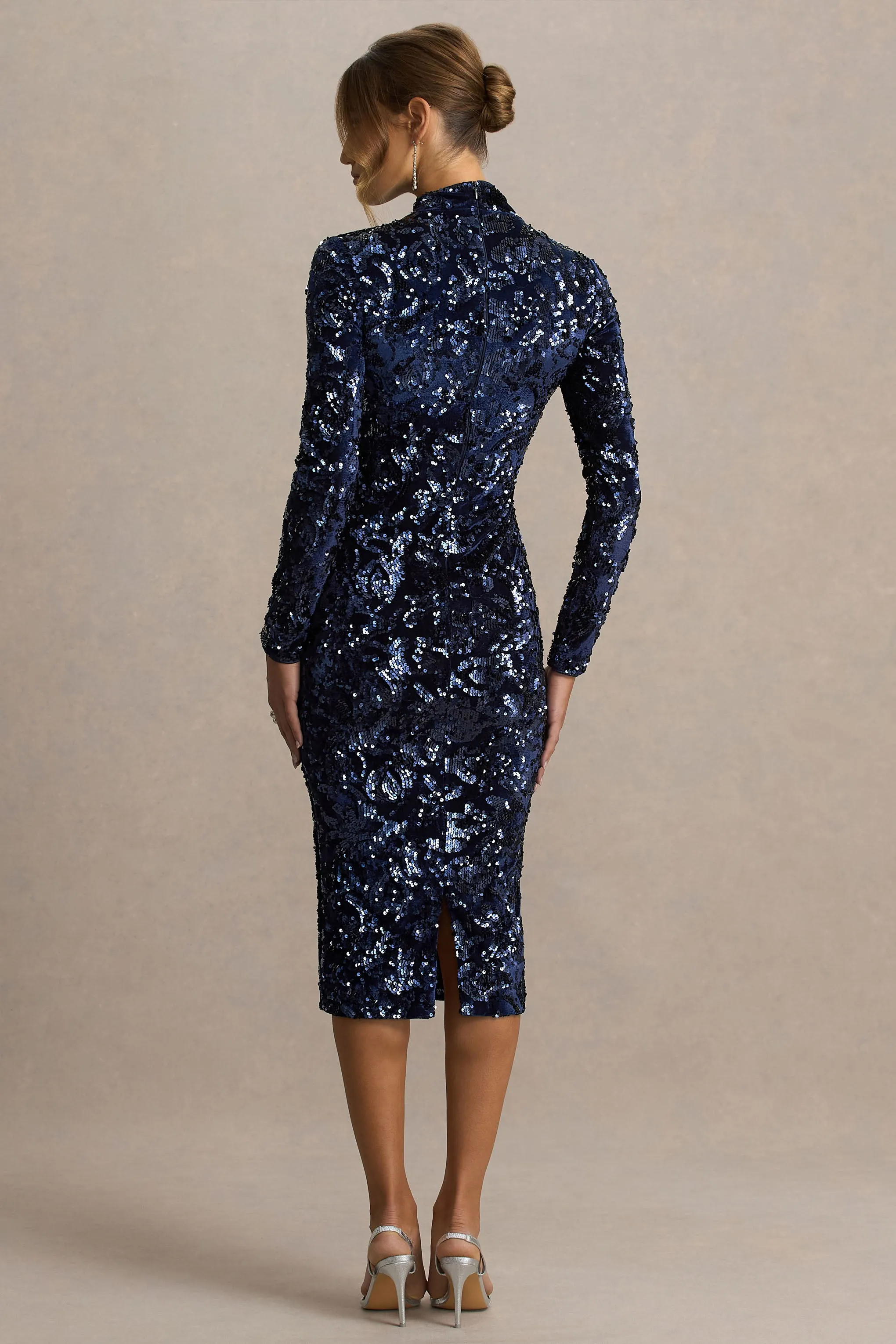 Alanita | Navy Velvet And Sequin Embellished High-Neck Midi Dress With Long Sleeves sold by Club L London product image thumbnail 2