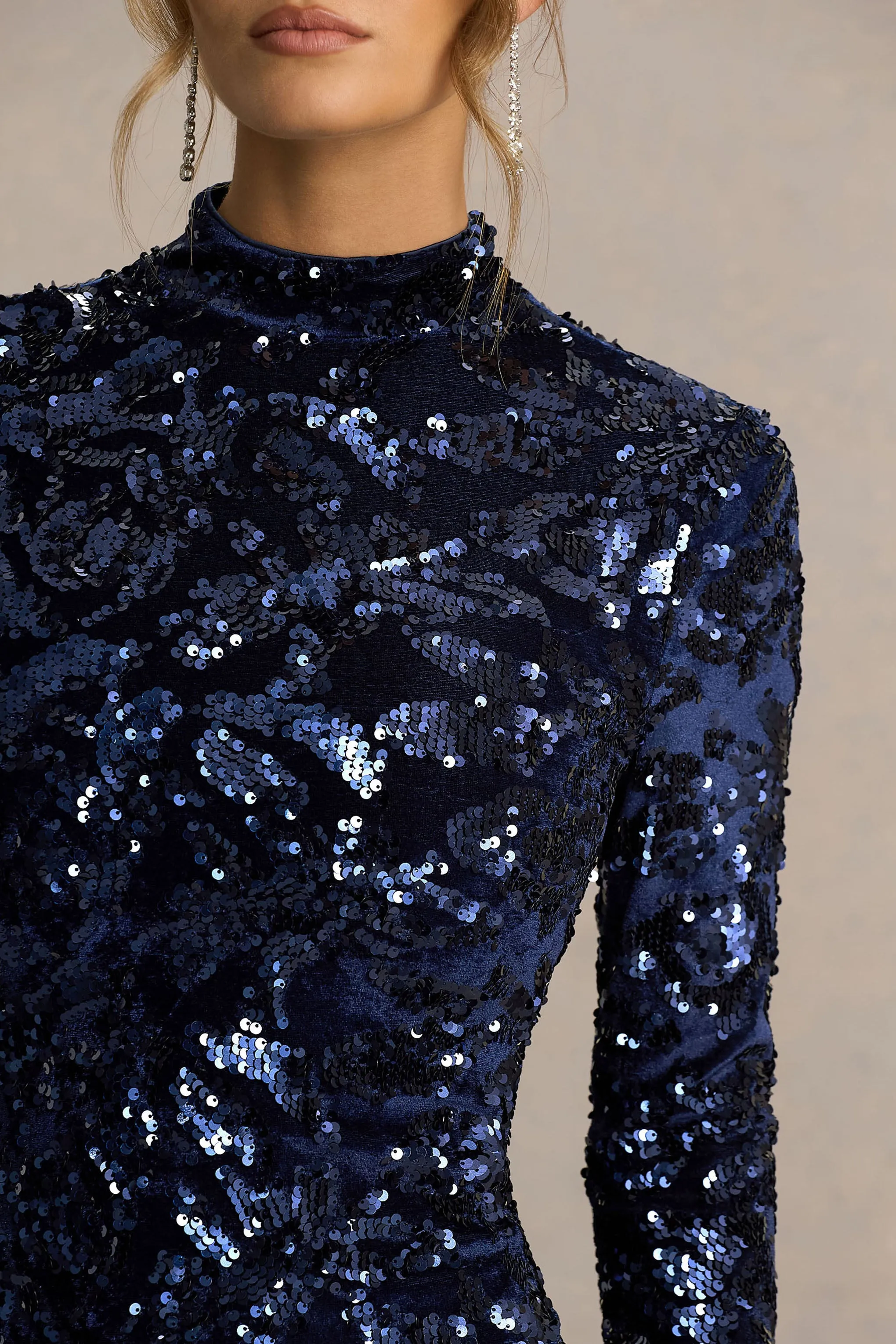Alanita | Navy Velvet And Sequin Embellished High-Neck Midi Dress With Long Sleeves sold by Club L London product image thumbnail 3