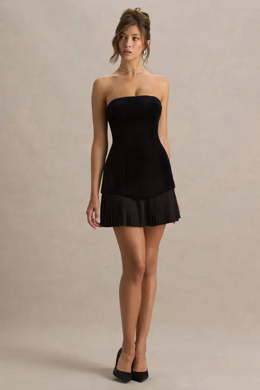 Valentina | Black Velvet Bandeau Mini Dress With Pleated Detailing sold by Club L London