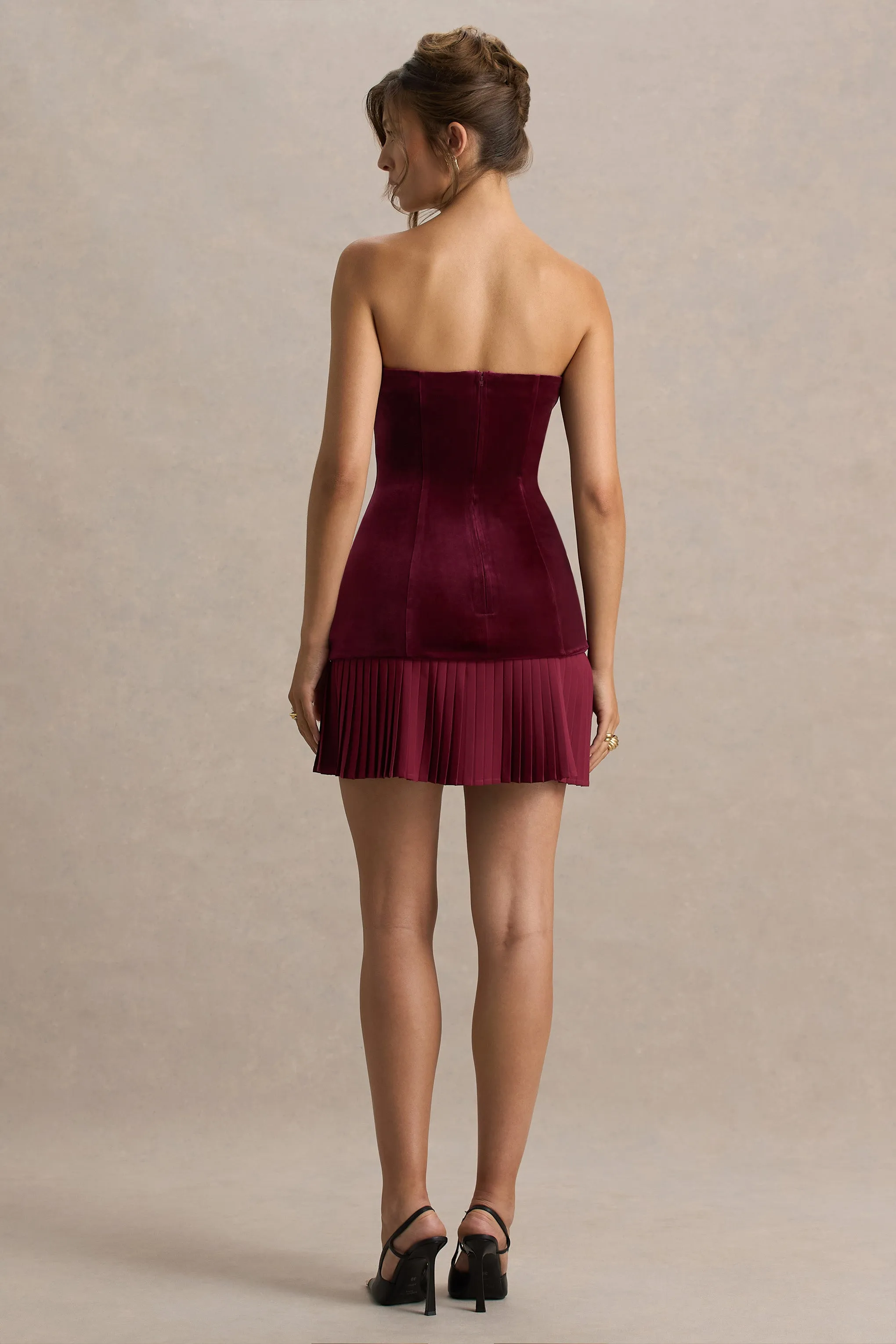 Valentina | Burgundy Velvet Bandeau Mini Dress With Pleated Detailing sold by Club L London product image thumbnail 3