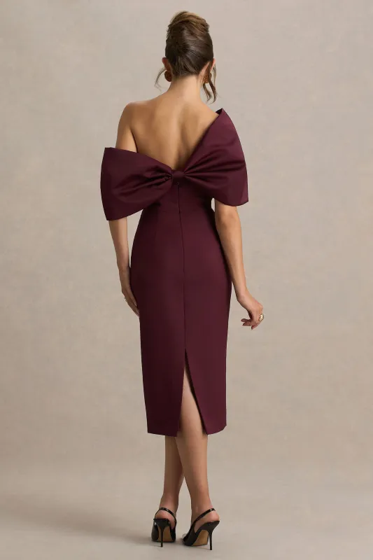 Lucille | Burgundy Asymmetric Bardot Midi Dress With Bow Detail sold by Club L London