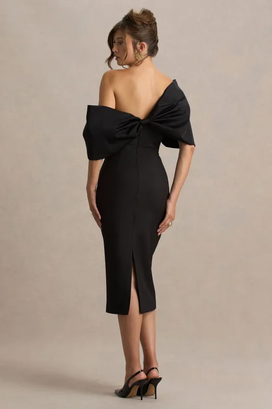 Lucille | Black Asymmetric Bardot Midi Dress With Bow Detail sold by Club L London