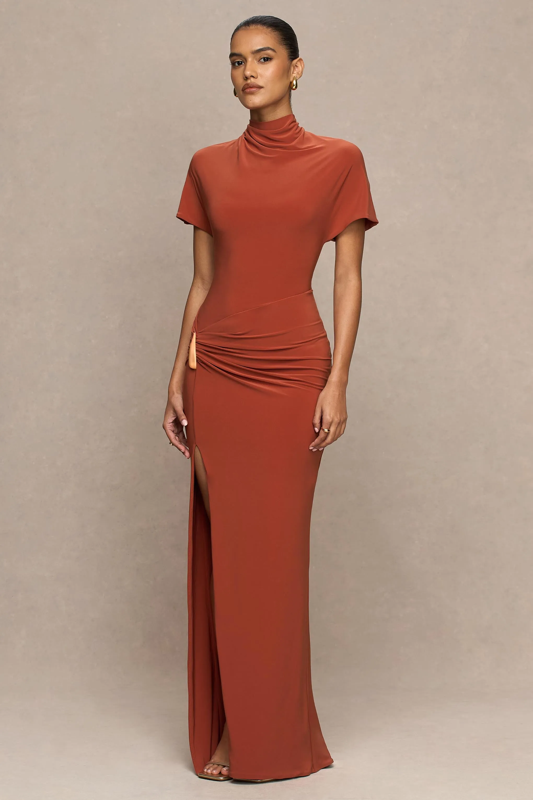 Arlena | Rust High-Neck Wrapped Maxi Dress sold by Club L London product image thumbnail 4