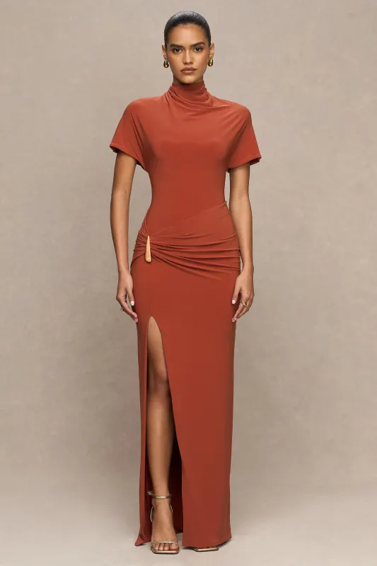 Arlena | Rust High-Neck Wrapped Maxi Dress sold by Club L London