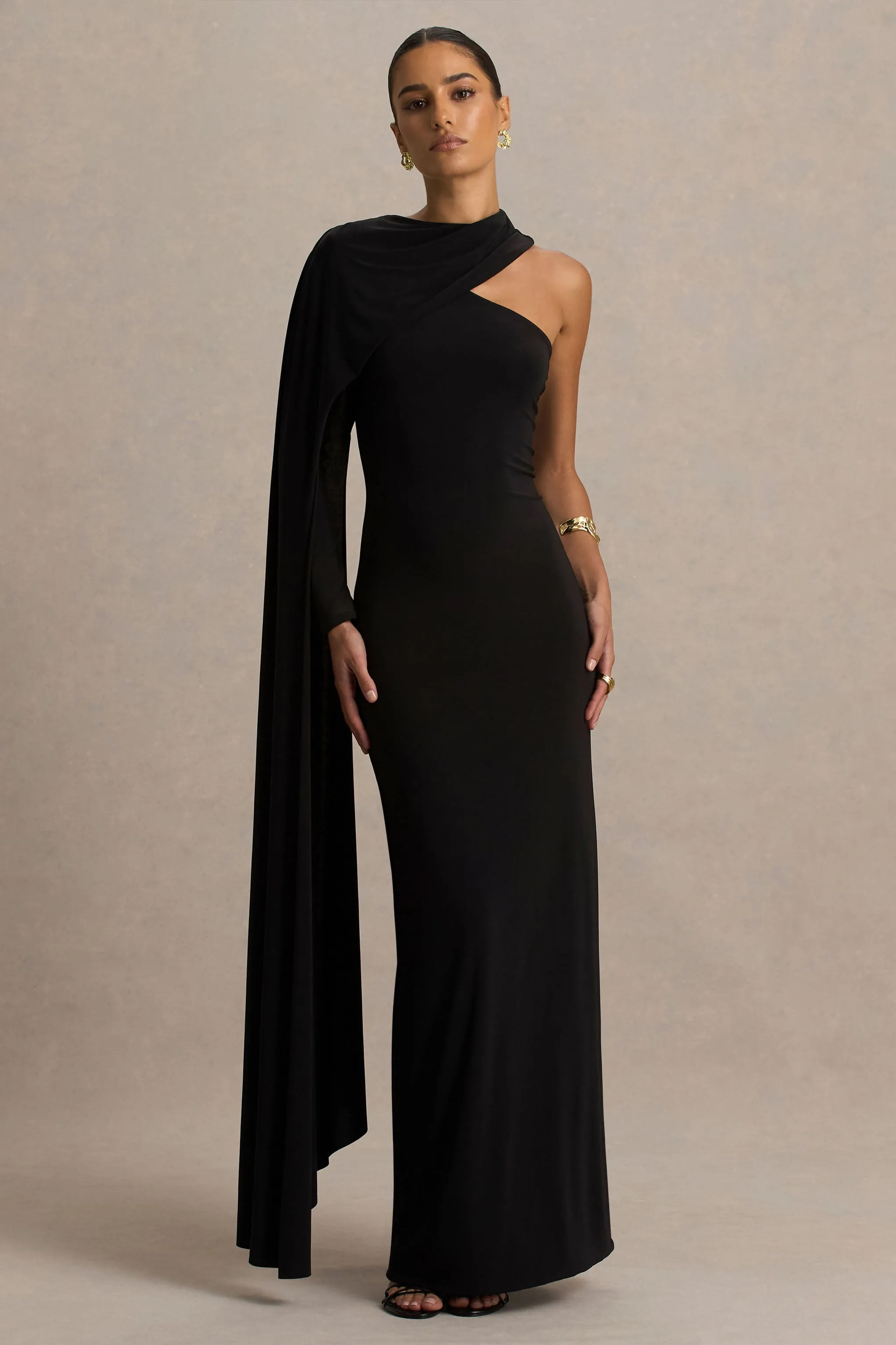 Dawn | Black High-Neck Maxi Dress With One Long Cape-Sleeve sold by Club L London product image thumbnail 5
