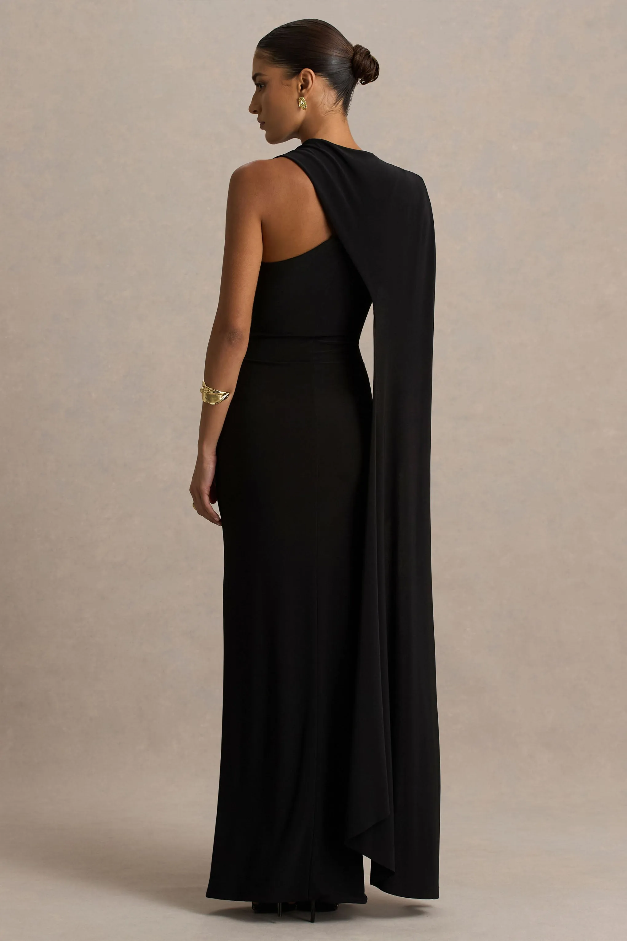 Dawn | Black High-Neck Maxi Dress With One Long Cape-Sleeve sold by Club L London product image thumbnail 2