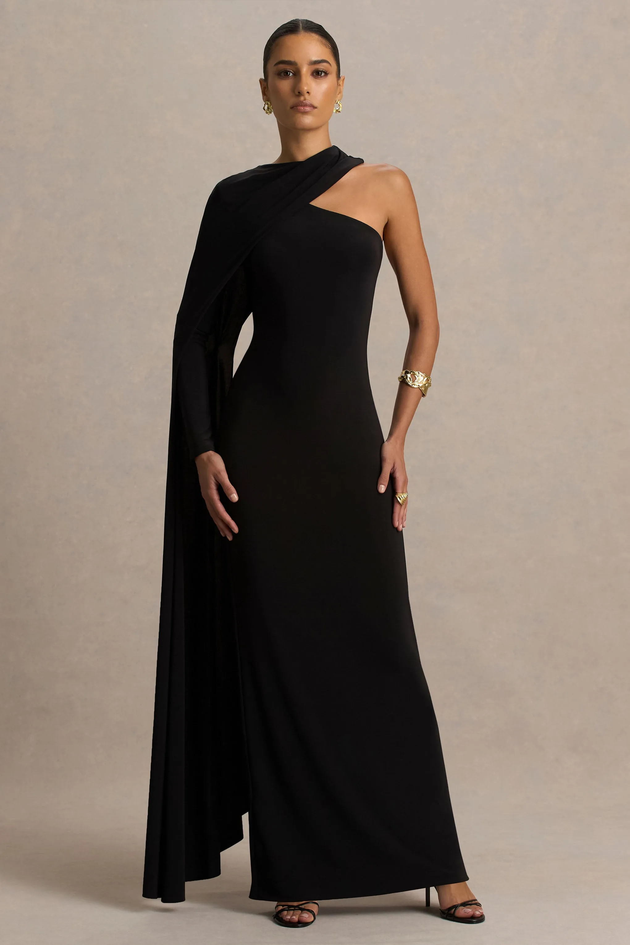 Dawn | Black High-Neck Maxi Dress With One Long Cape-Sleeve sold by Club L London product image thumbnail 3