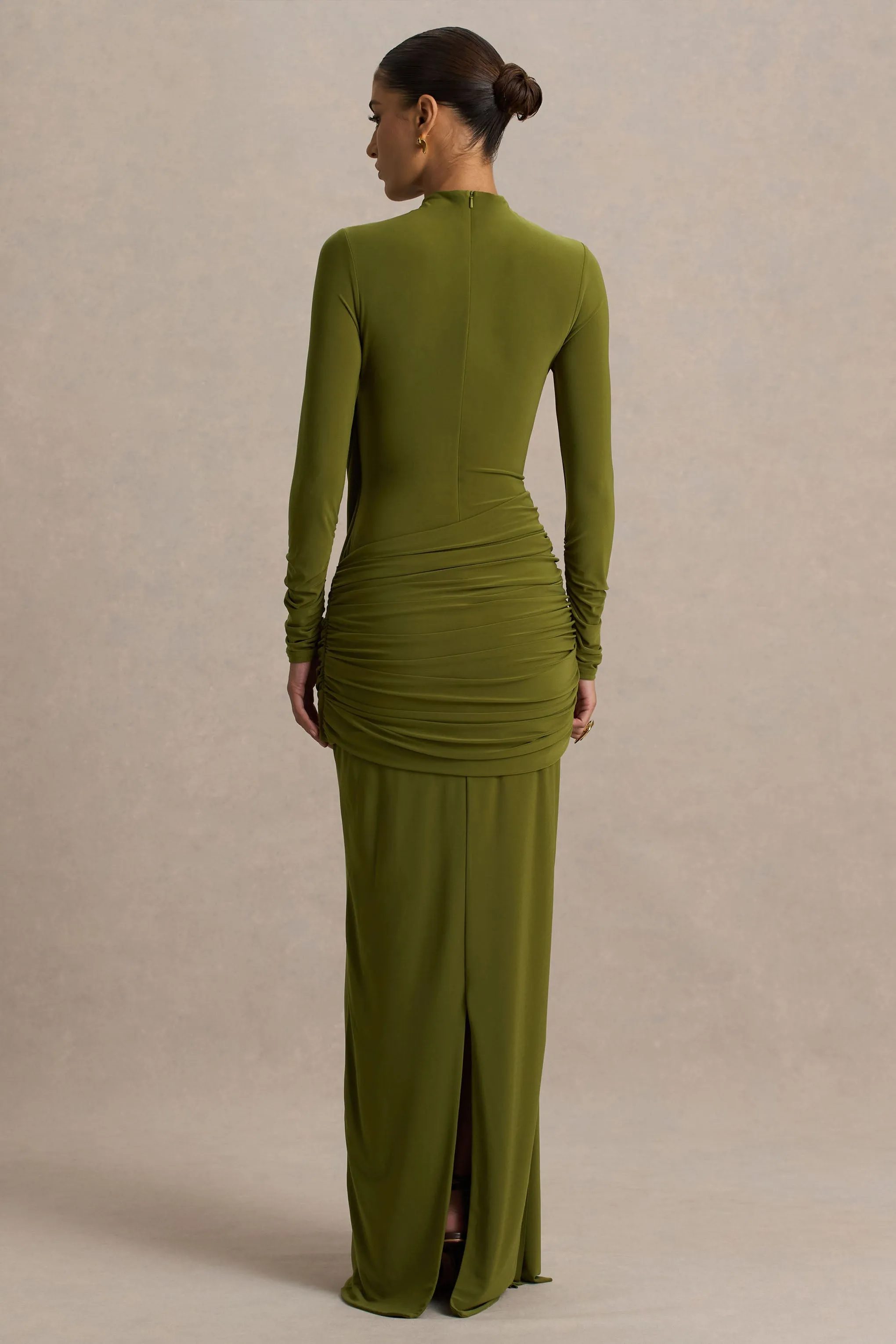 Melissa | Olive Long-Sleeve Wrap Maxi Dress With Draped Detailing sold by Club L London product image thumbnail 2