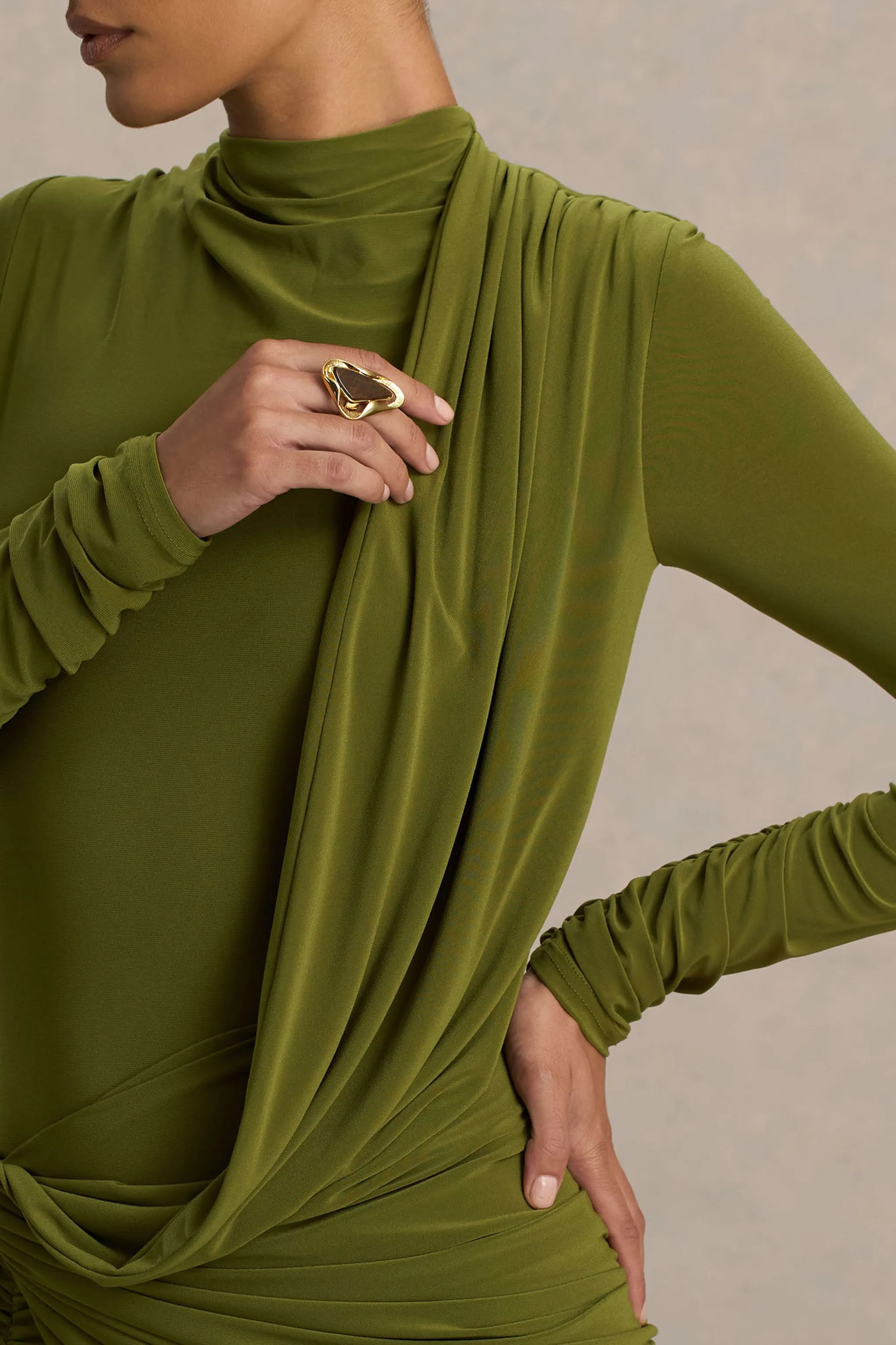Melissa | Olive Long-Sleeve Wrap Maxi Dress With Draped Detailing sold by Club L London product image thumbnail 3