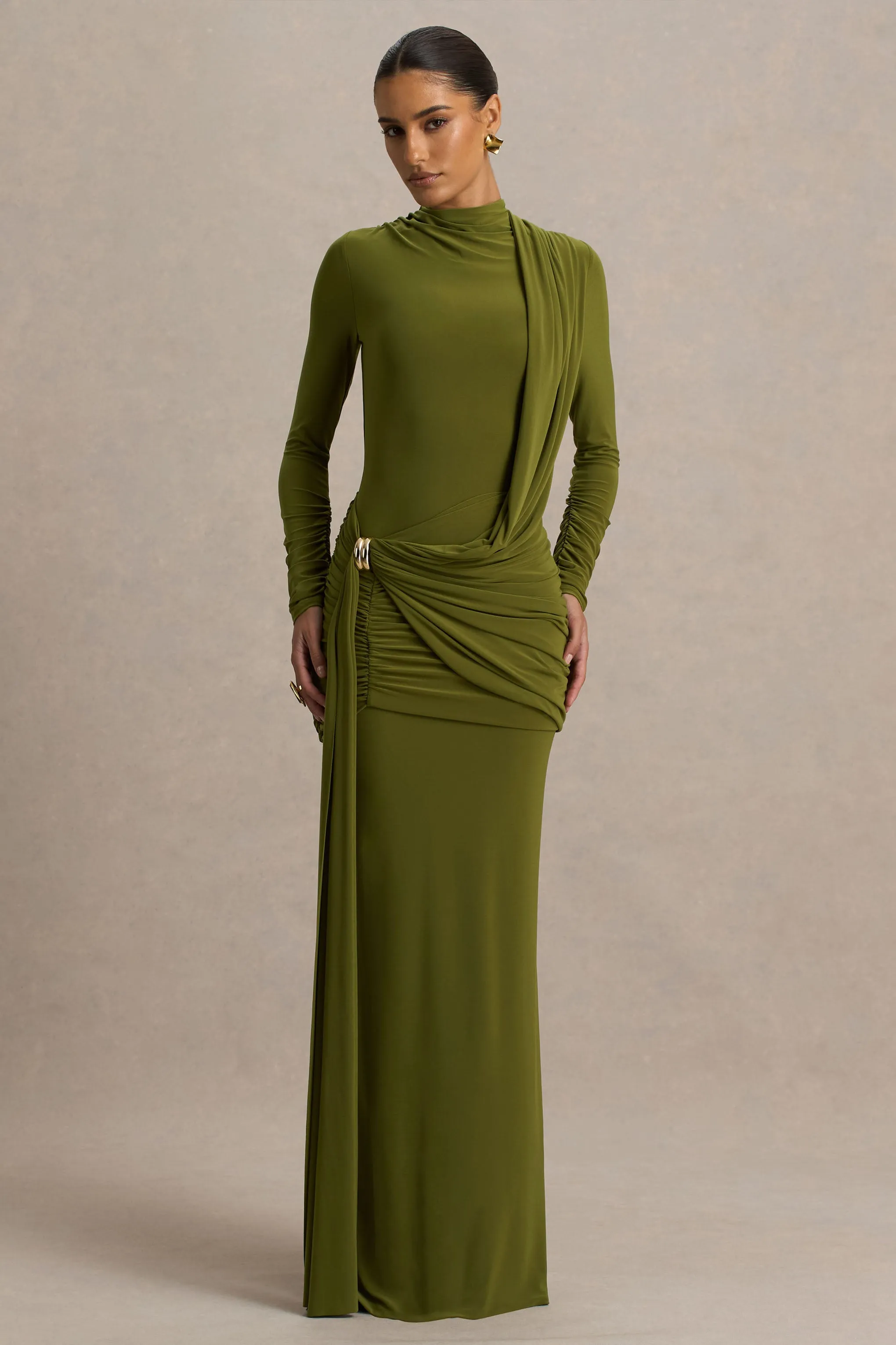 Melissa | Olive Long-Sleeve Wrap Maxi Dress With Draped Detailing sold by Club L London product image thumbnail 4