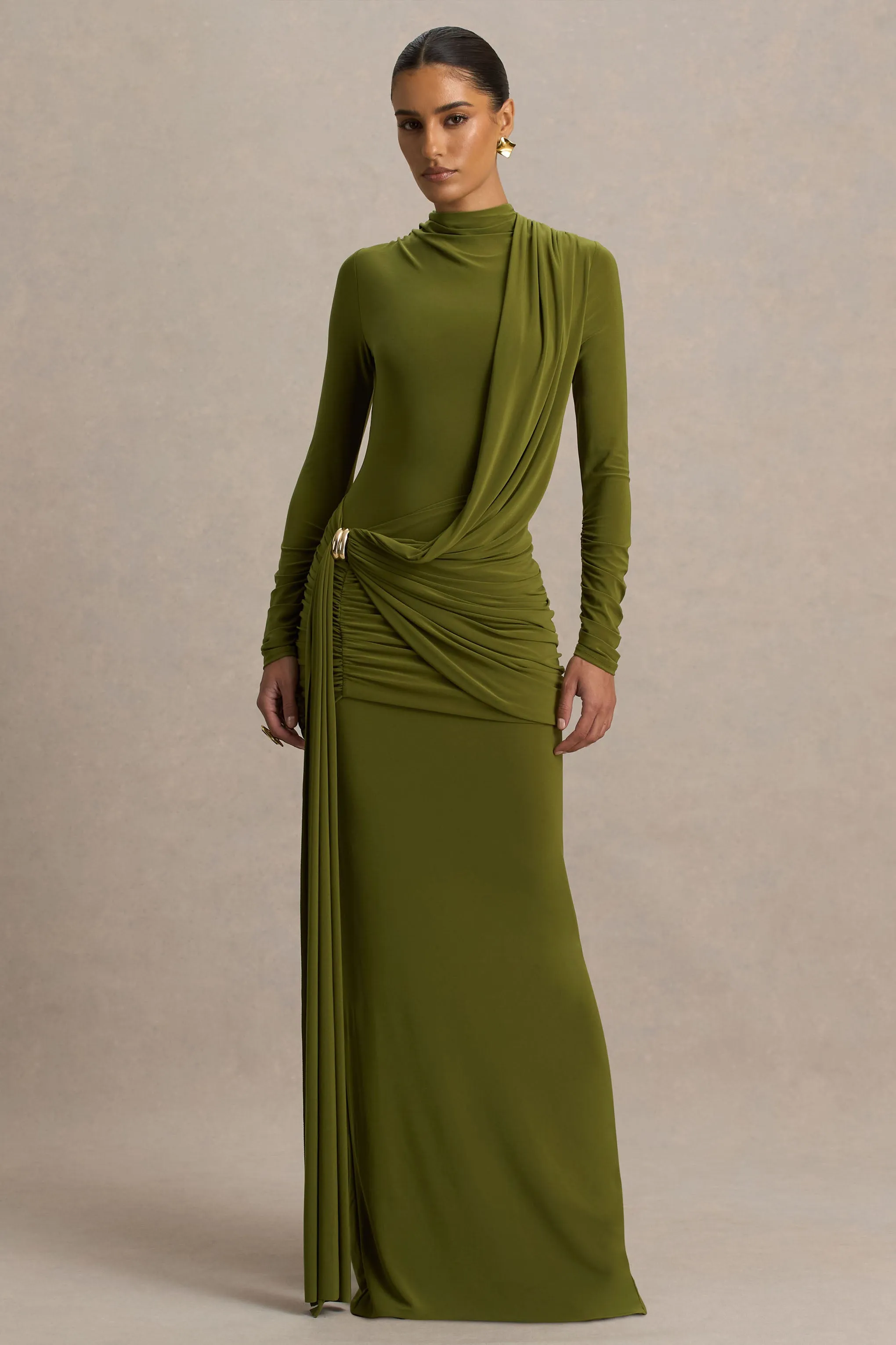 Melissa | Olive Long-Sleeve Wrap Maxi Dress With Draped Detailing sold by Club L London