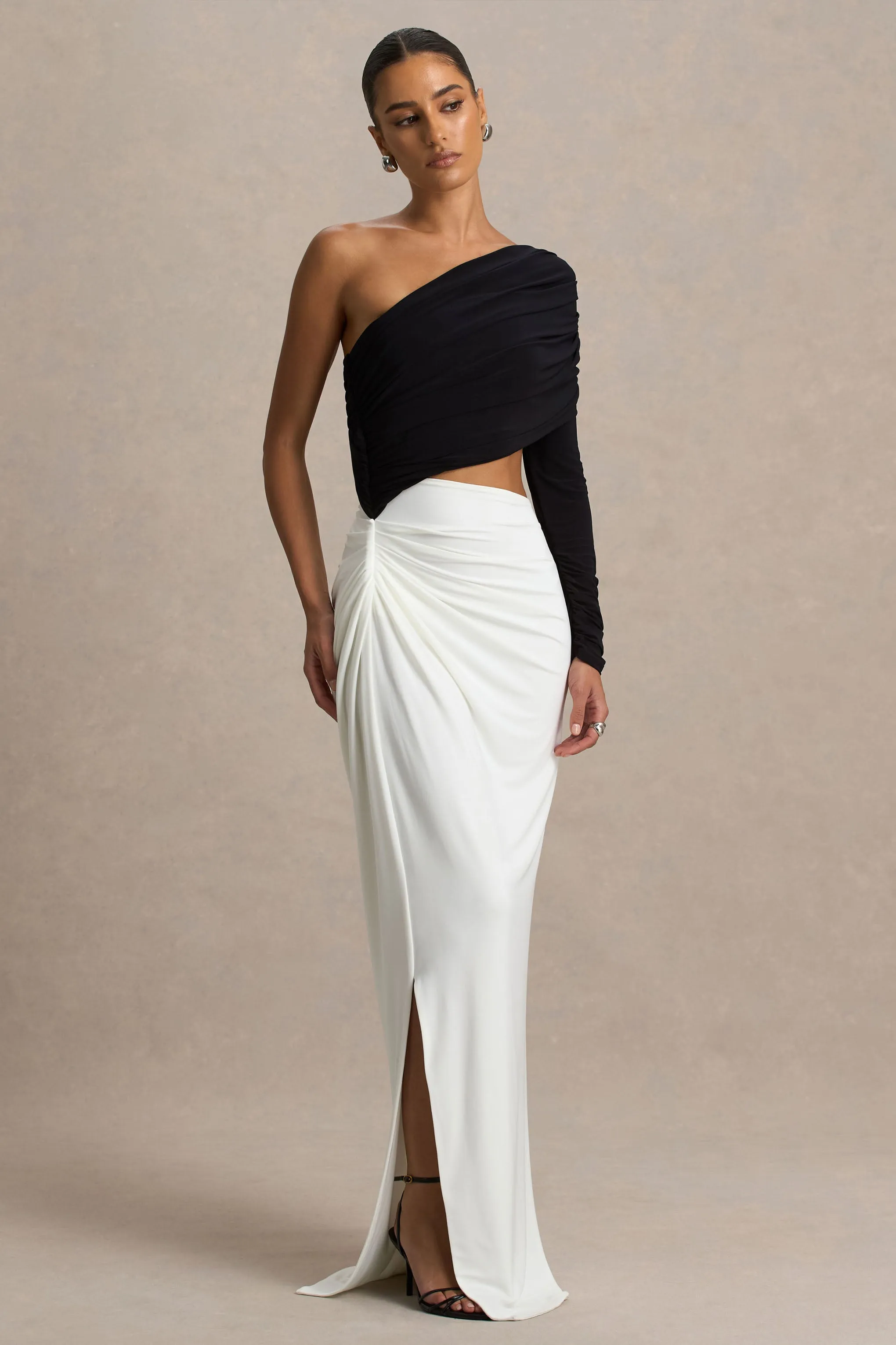 Malika | Black And White Asymmetric-Neck Maxi Dress With Body-Cut Out And Gathered Detailing sold by Club L London product image thumbnail 4