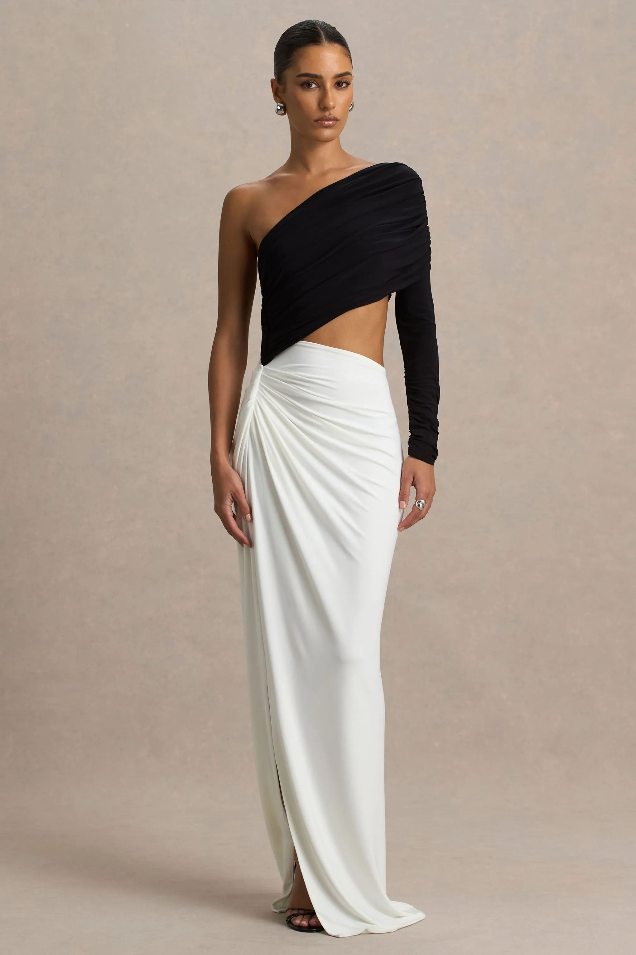 Malika | Black And White Asymmetric-Neck Maxi Dress With Body-Cut Out And Gathered Detailing sold by Club L London product image thumbnail 5