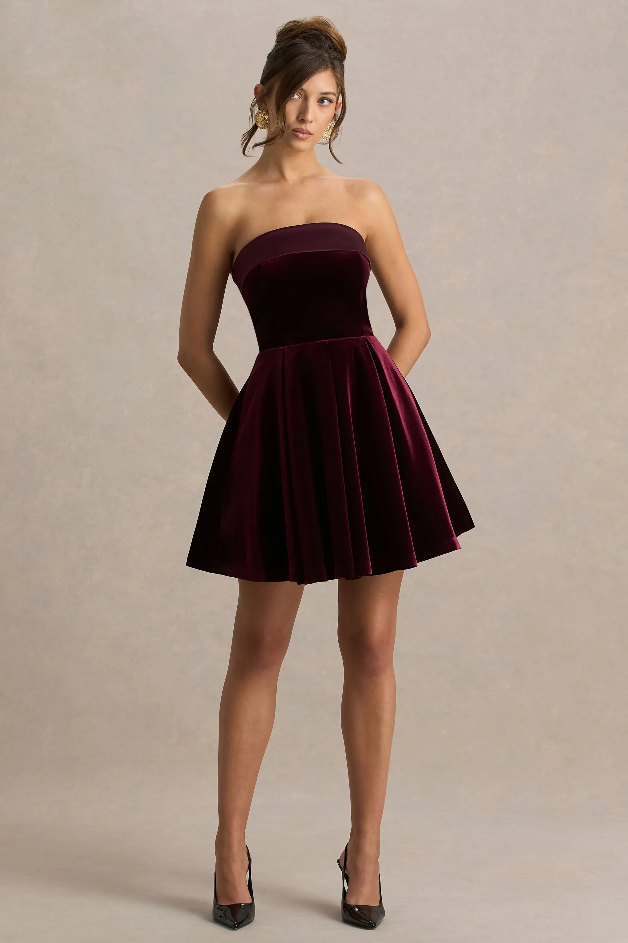 Mina | Burgundy Velvet And Satin Bandeau Skater Mini Dress sold by Club L London product image thumbnail 4