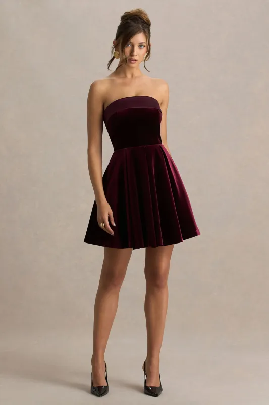 Mina | Burgundy Velvet And Satin Bandeau Skater Mini Dress sold by Club L London