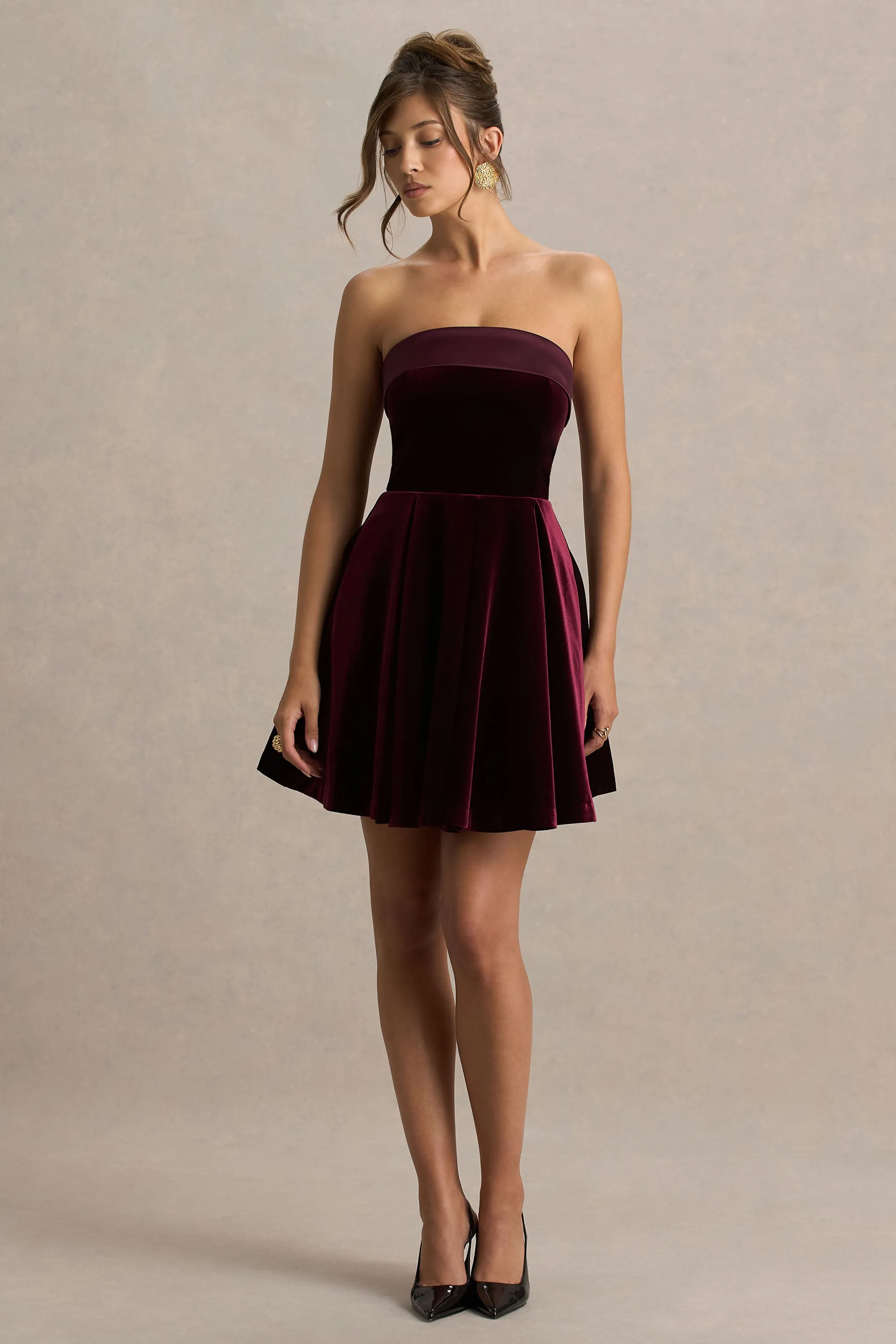 Mina | Burgundy Velvet And Satin Bandeau Skater Mini Dress sold by Club L London product image thumbnail 5