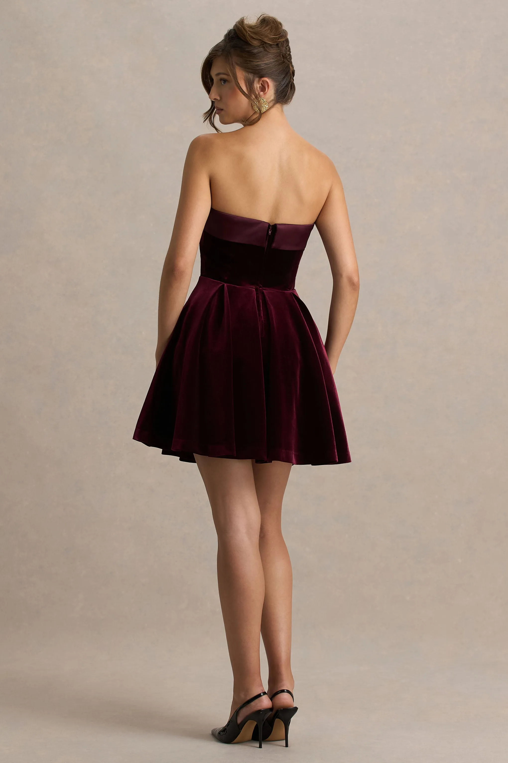 Mina | Burgundy Velvet And Satin Bandeau Skater Mini Dress sold by Club L London product image thumbnail 2